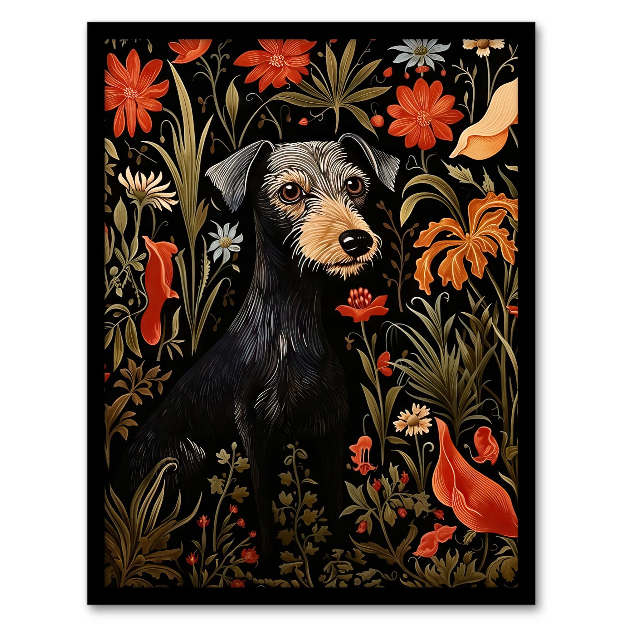 Artery8 Black Irish Terrier Dog On Elegant Floral Backdrop William Morris Style Pattern Artwork Framed Wall Art Print A4