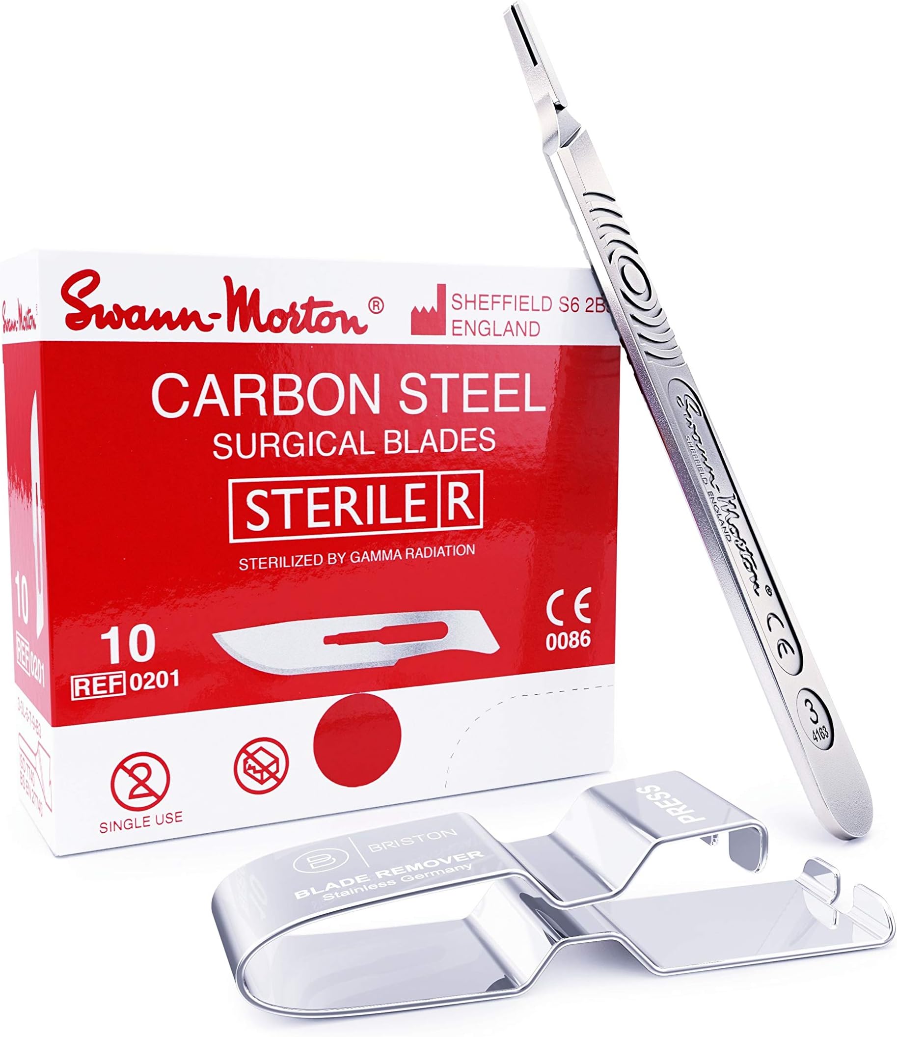 Dermaplaning Kit: Swann Morton 10 Sterile Blades Curved, Carbon Steel (100 pcs) Bundle with Swann Morton Handle No. 3 and Briston Scalpel Blade Remover - 3 Items