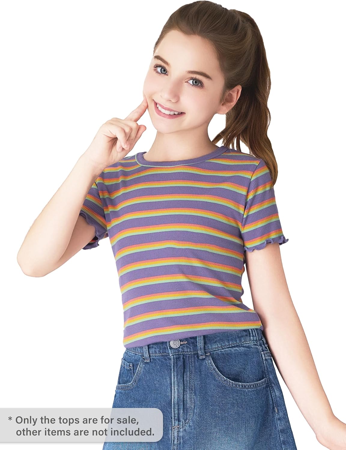 Girls Short Sleeve Shirts Ribbed Knit Lettuce Trim Tee Shirt - Little Girl Green Striped Blouse Size 6-16 - Image 4