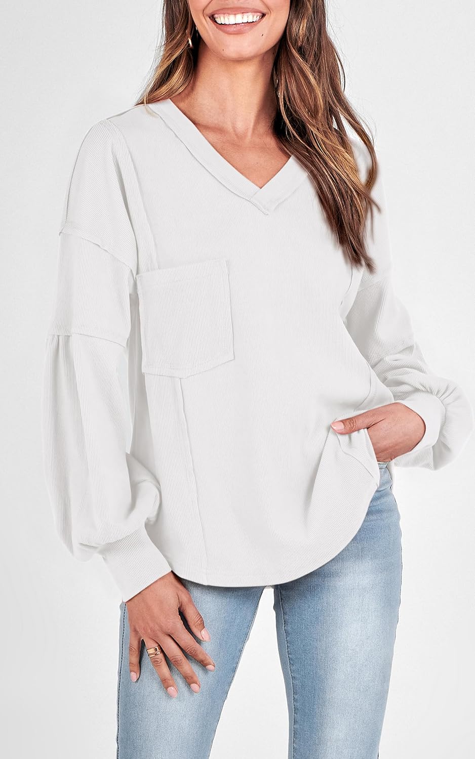 BTFBM Womens Fall Fashion 2026 Long Sleeve Shirts Casual V Neck Ribbed Knit Blouses Pullover Trendy Loose Fit Tunic Tops - Image 7