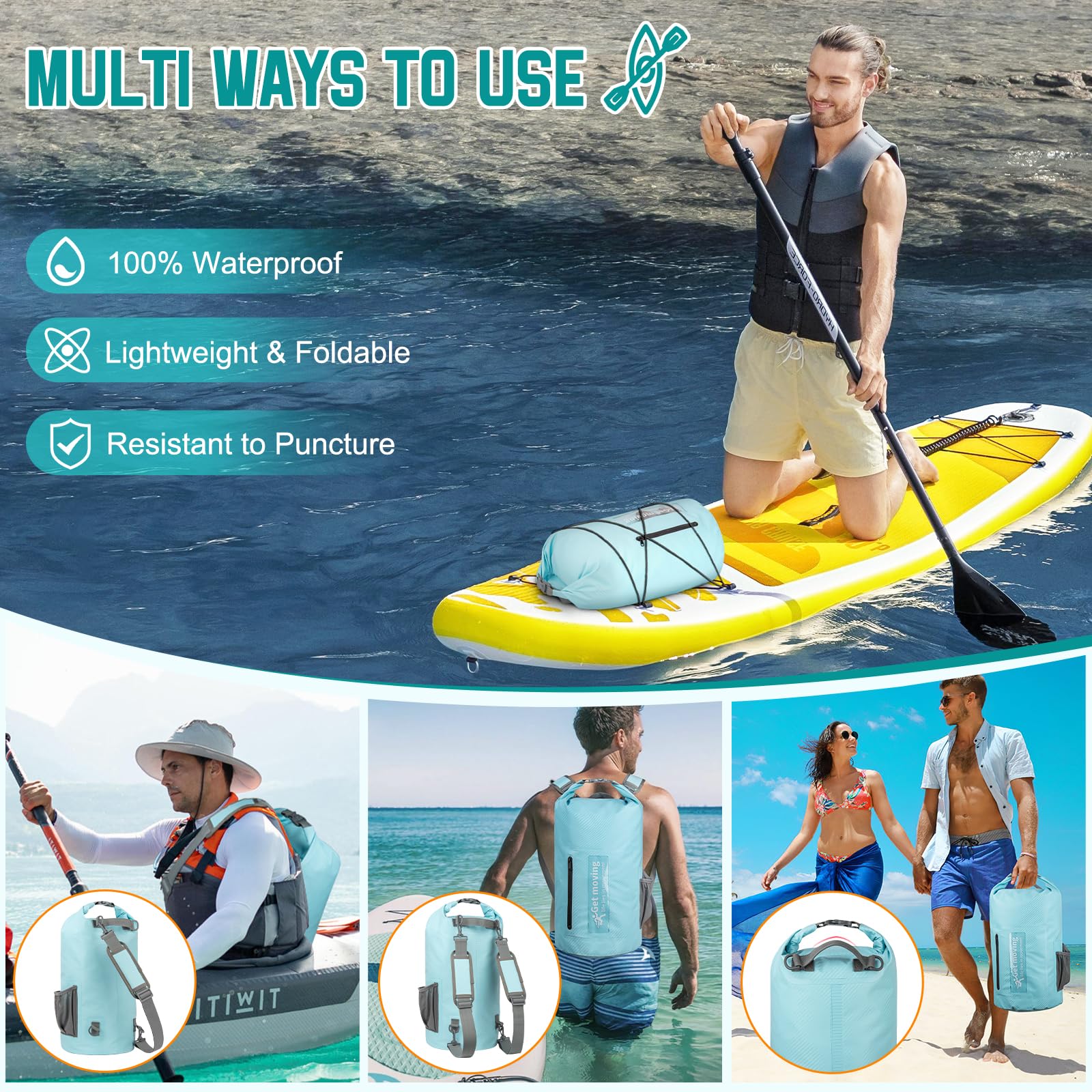 Dry Bag wasserdichte Tasche 20L Leicht RollTop Wasserdichter Rucksack Outdoor Groß Wasserfester Packsack Seesack mit Schultergurt für Kajak Rafting Schwimmen Baden Angeln