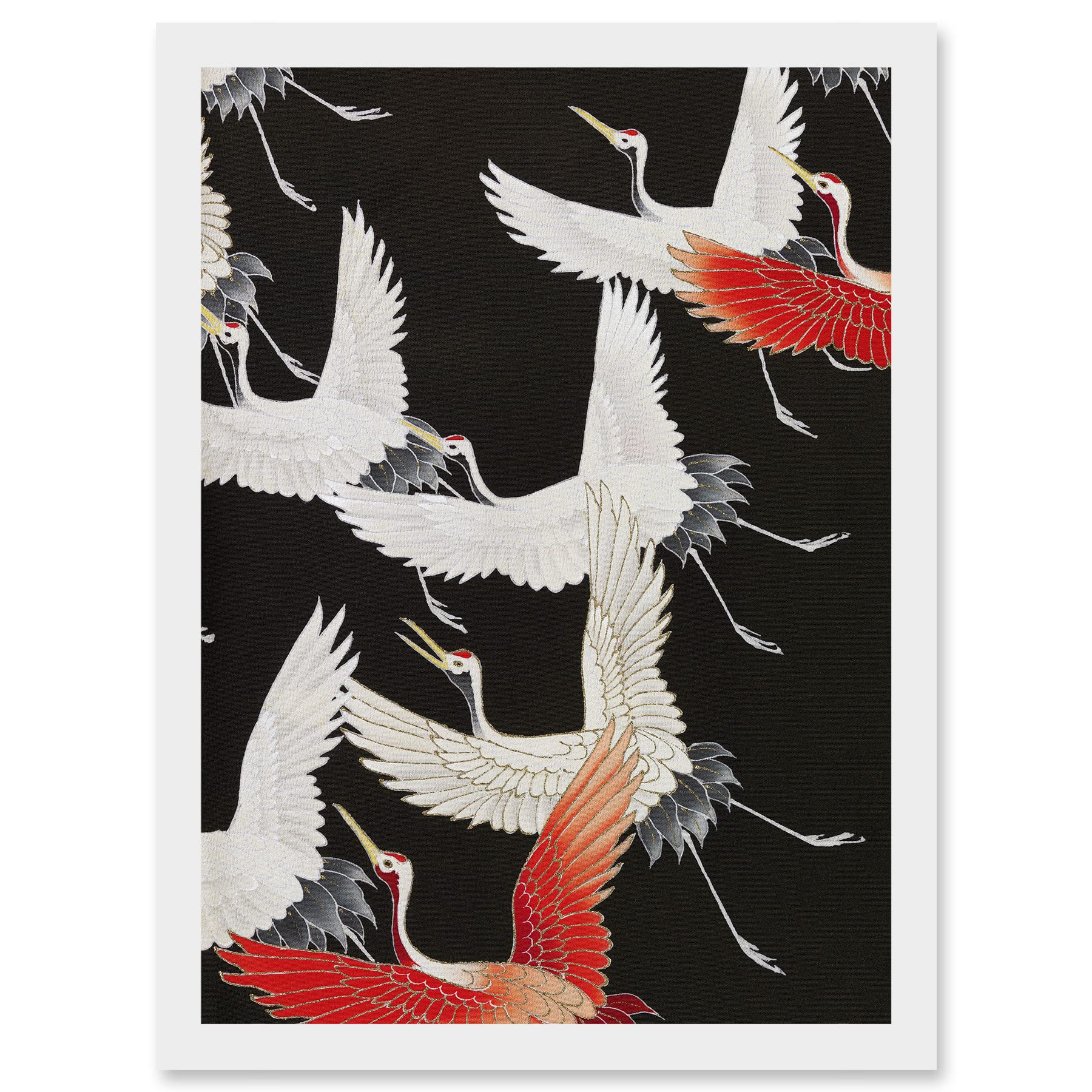 Wee Blue Coo Japanese Crane Kimono Pattern Artwork Framed Wall Art Print A4