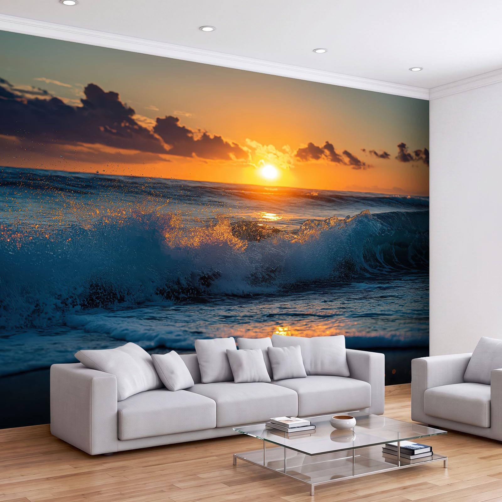 Przybrzeżna natura efekt 3D fototapeta 350 szer. x 256 cm wys. cm, fala oceaniczna zachód słońca chmura wysokiej jakości włóknina mural tapeta do salonu pokoju zabaw sypialni pokoju dziecięcego cecha