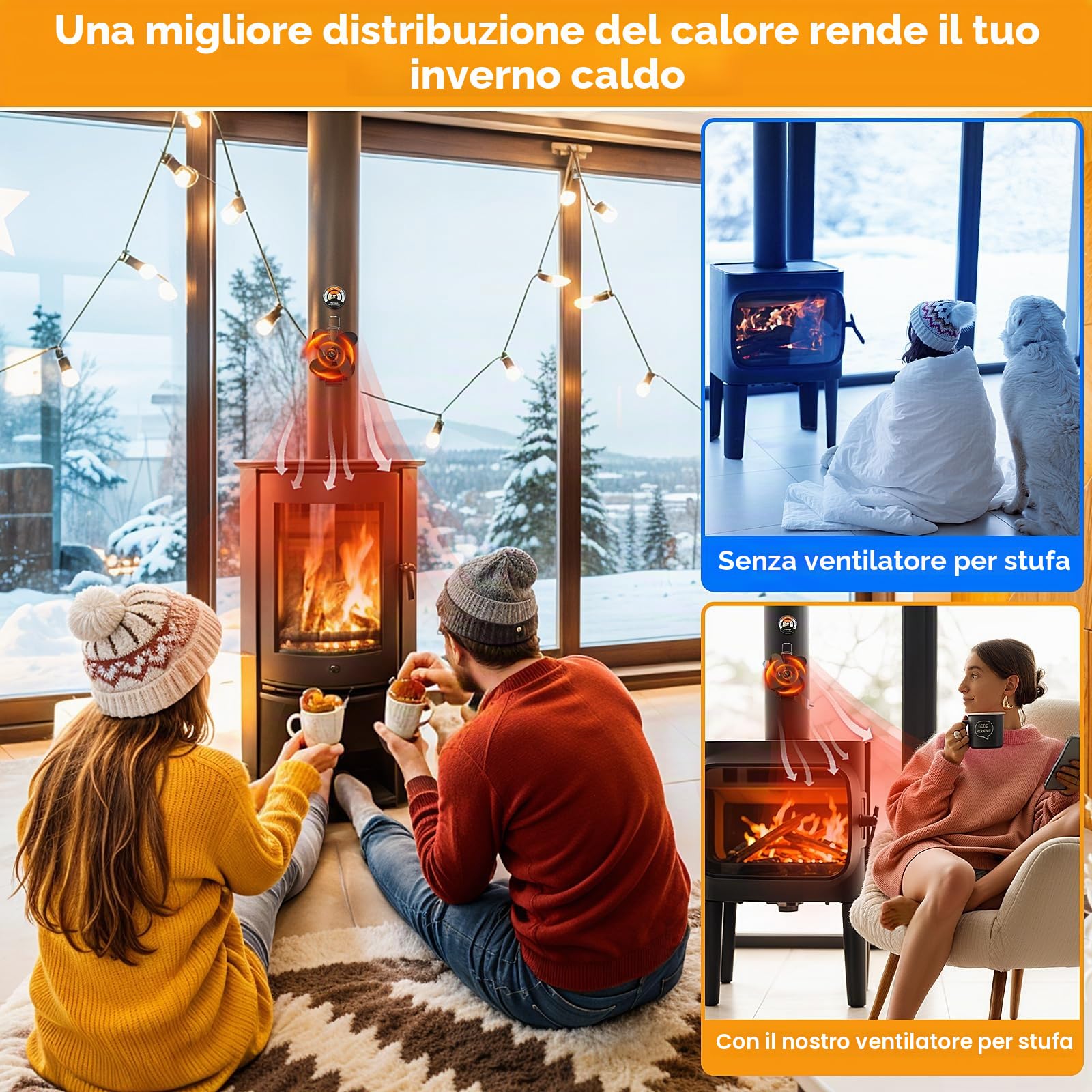 Ventilatore magnetico 3 in 1, migliorato ventilatore per stufa, senza corrente, silenzioso, con termometro e 2 anelli di ricambio, ventilatore per legna da ardere, focolare