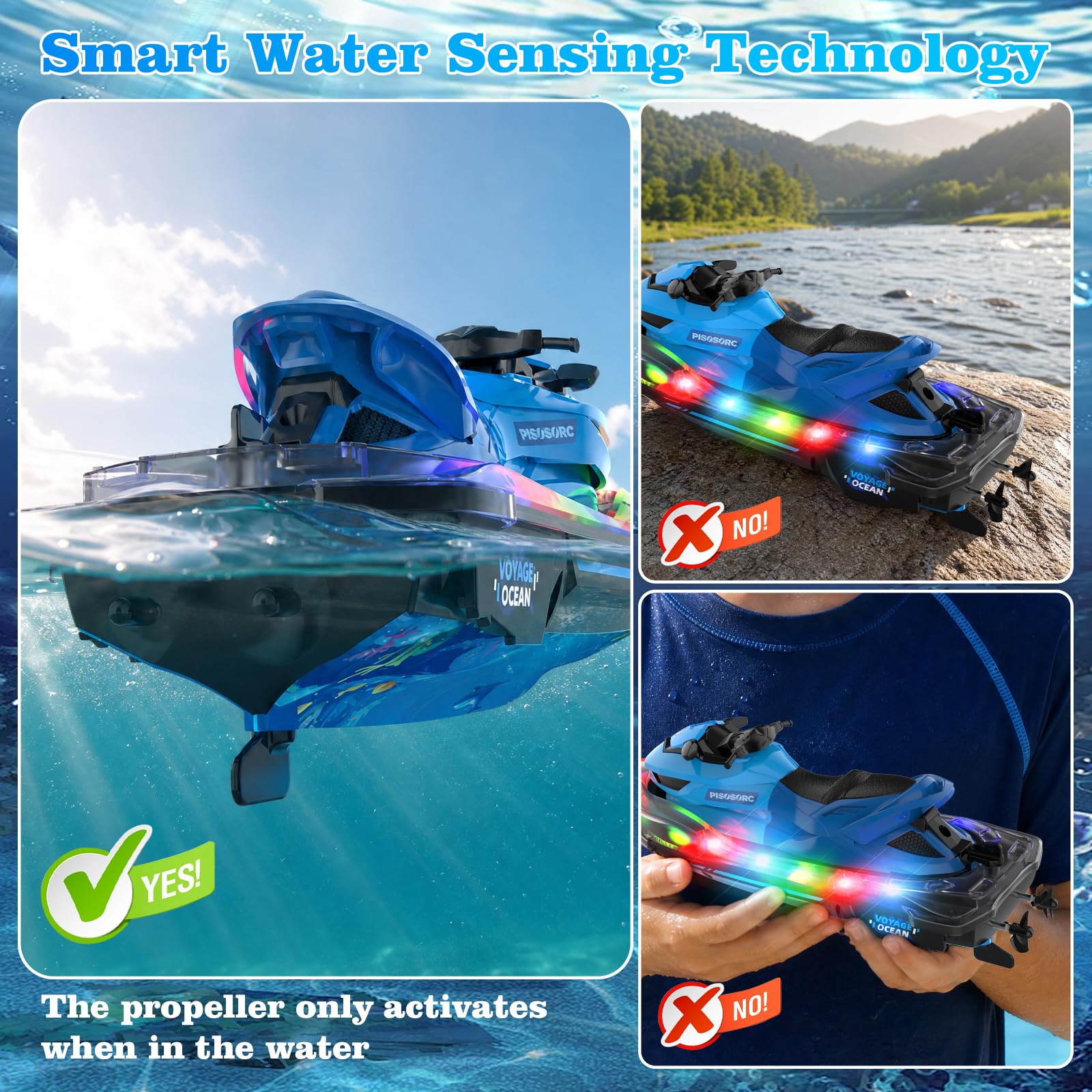 Barco RC, Barco Radiocontrolado Para Adultos Y Niños De 8 A 12 Años, Lancha Motor 2,4 GHz, Arranque Automático Y Luces LED, Aviso Batería Baja, Nave RC Totalmente Impermeable, Juguete De Verano