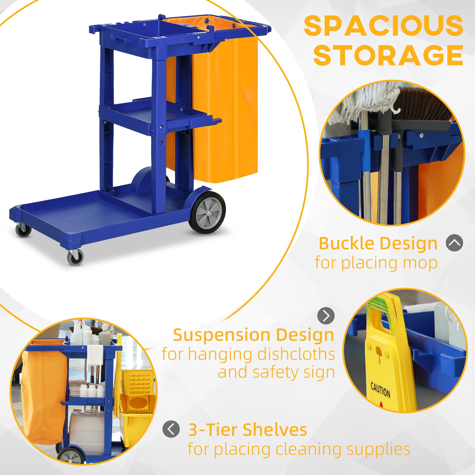 HOMCOM Chariot de nettoyage professionnel avec 3 étagères avec crochets pour balai et sac de 100L, Chariot à roulettes en plastique polyvalent pour l'hôtel, l'hôtellerie et la restauration,