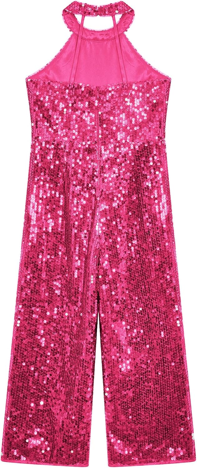 ranrann Kids Girls Sparkly Sequins Jumpsuit Halter Neck Sleeveless One Piece Romper Long Pants Party Outfits