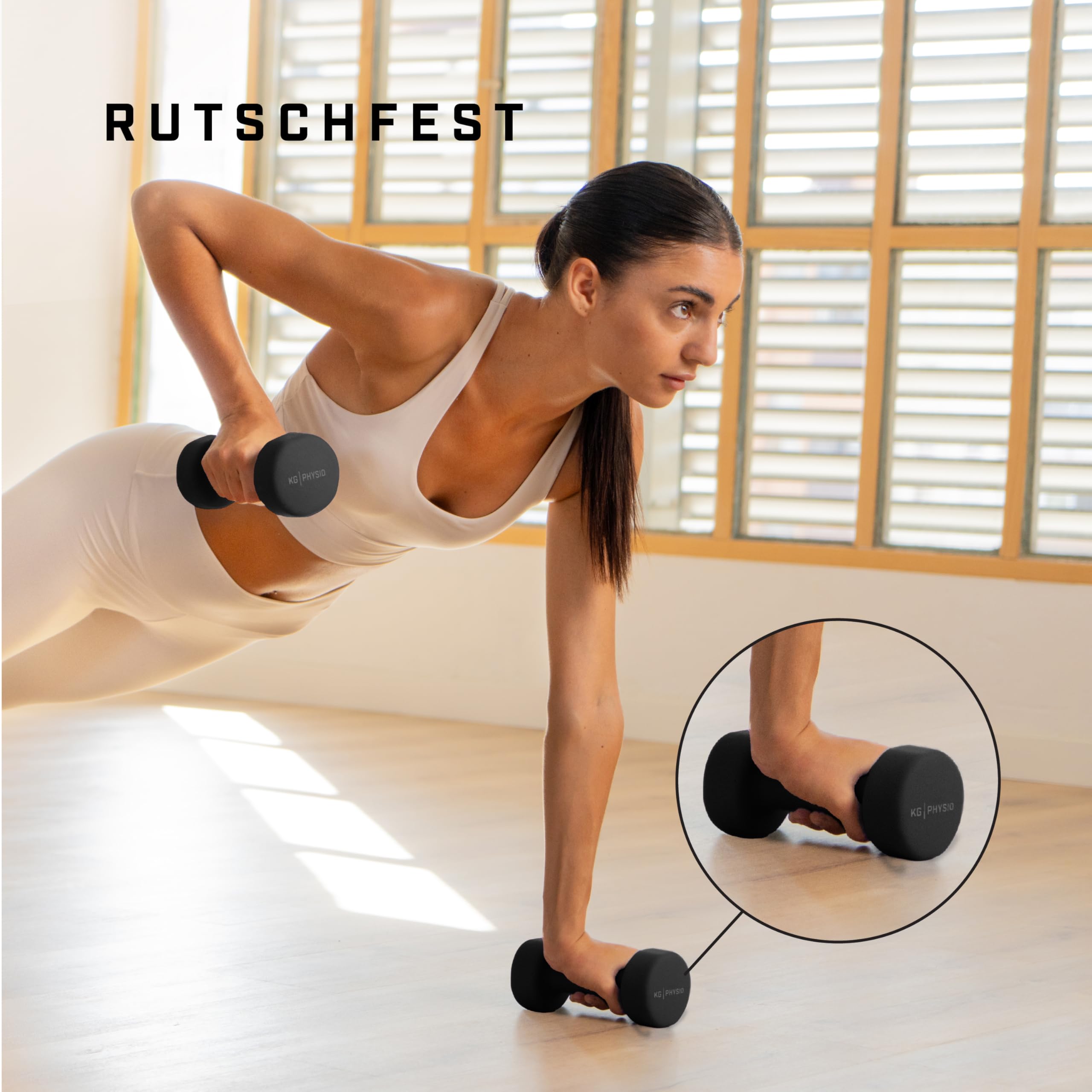 KG PHYSIO Neopren Hanteln Set - Inkl. Fitnessposter mit 32 Übungen, schweißabweisendes Kurzhanteln 2er Set aus Gusseisen, rutschfeste & griffige Fitness Gewichte für Frauen und Männer