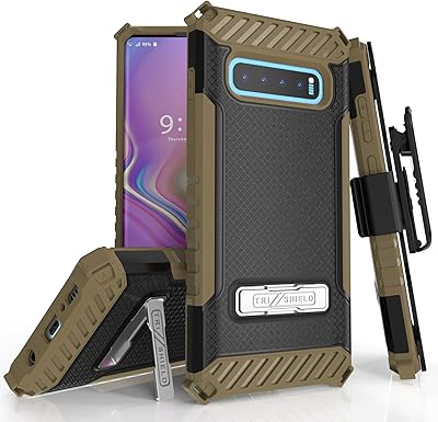 Beyond Cell Trishield Series Compatible with S10+ Case/Military Grade Rugged Cover + [Metal Kickstand]+[Belt Clip Holster] Compatible with Samsung Galaxy S10 Plus (2019)- Brown