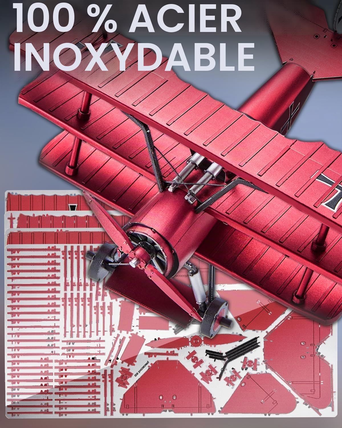 Piececool Puzzle en métal 3D Fokker Dr.I Triplane du Baron Rouge, Kits de Modèle pour Adultes à Construire, Acier Inoxydable 304, Assemblage requis, Pas de Colle Requise, Niveau de difficulté 2