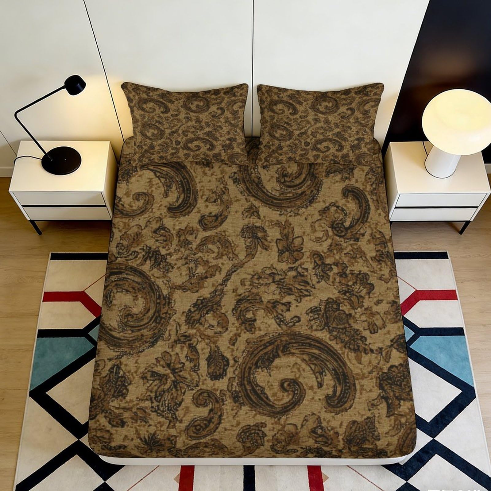 3D Printed Brown Paisley Fitted Sheet Microfiber Soft Decor Swirl Pattern Mattress Cover for Bedroom Guest Room 90x200x25cm