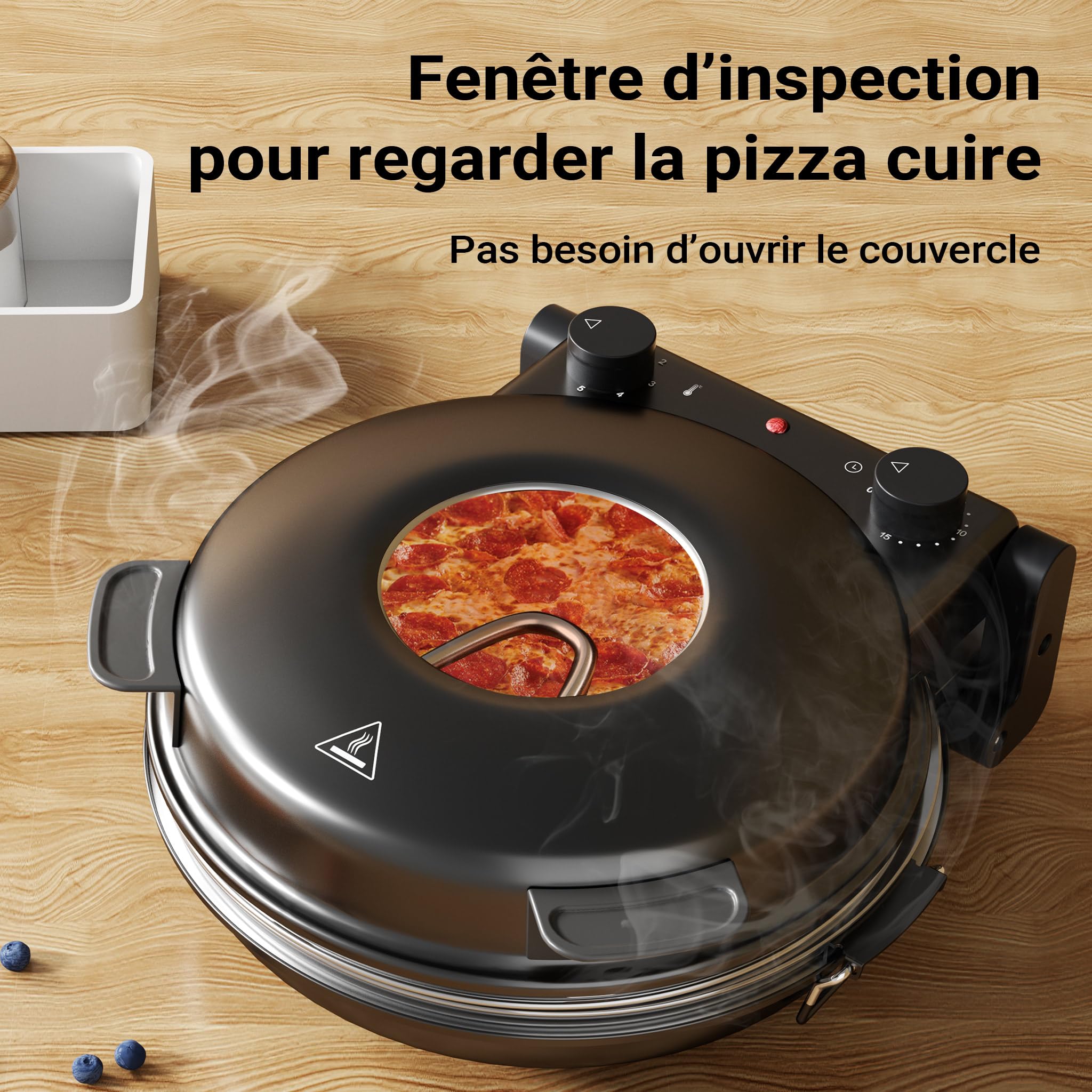 Wiltec Mini four à pizza avec plaque en pierre céramique – 360 x 360 x 180 mm – 400 °C max. – avec Plaque en pierre céramique Ø 32 mm, Fenêtre de visualisation, 2 Éléments chauffants et Minuterie