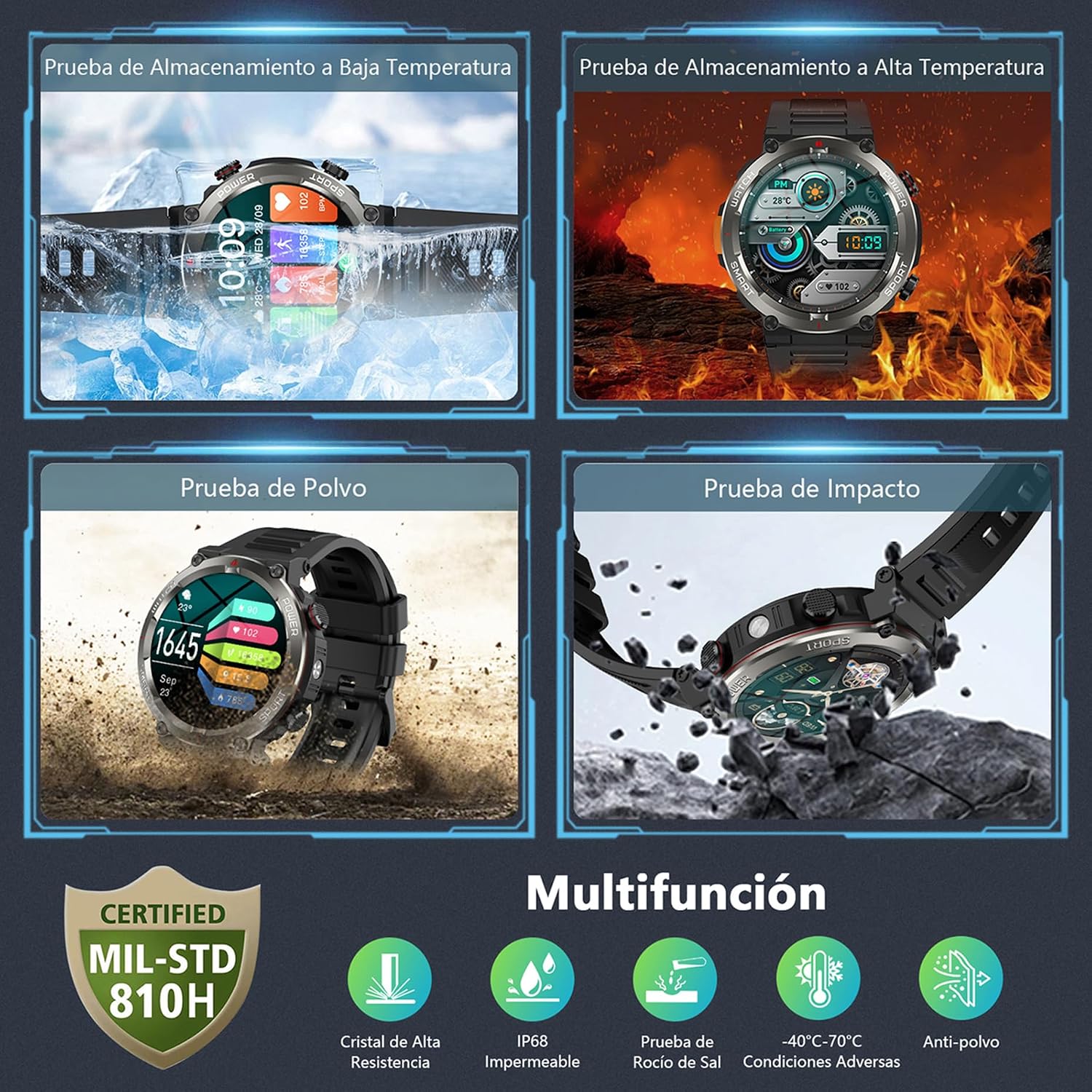 Reloj Inteligente Hombre, 1.45″ Smartwatch Hombre con Linterna y Brújula, Smartwatch con Llamadas Bluetooth, 120+ Modos Deportivos, 2 Correas, Podómetro, Pulsera Actividad Impermeable IP68 7