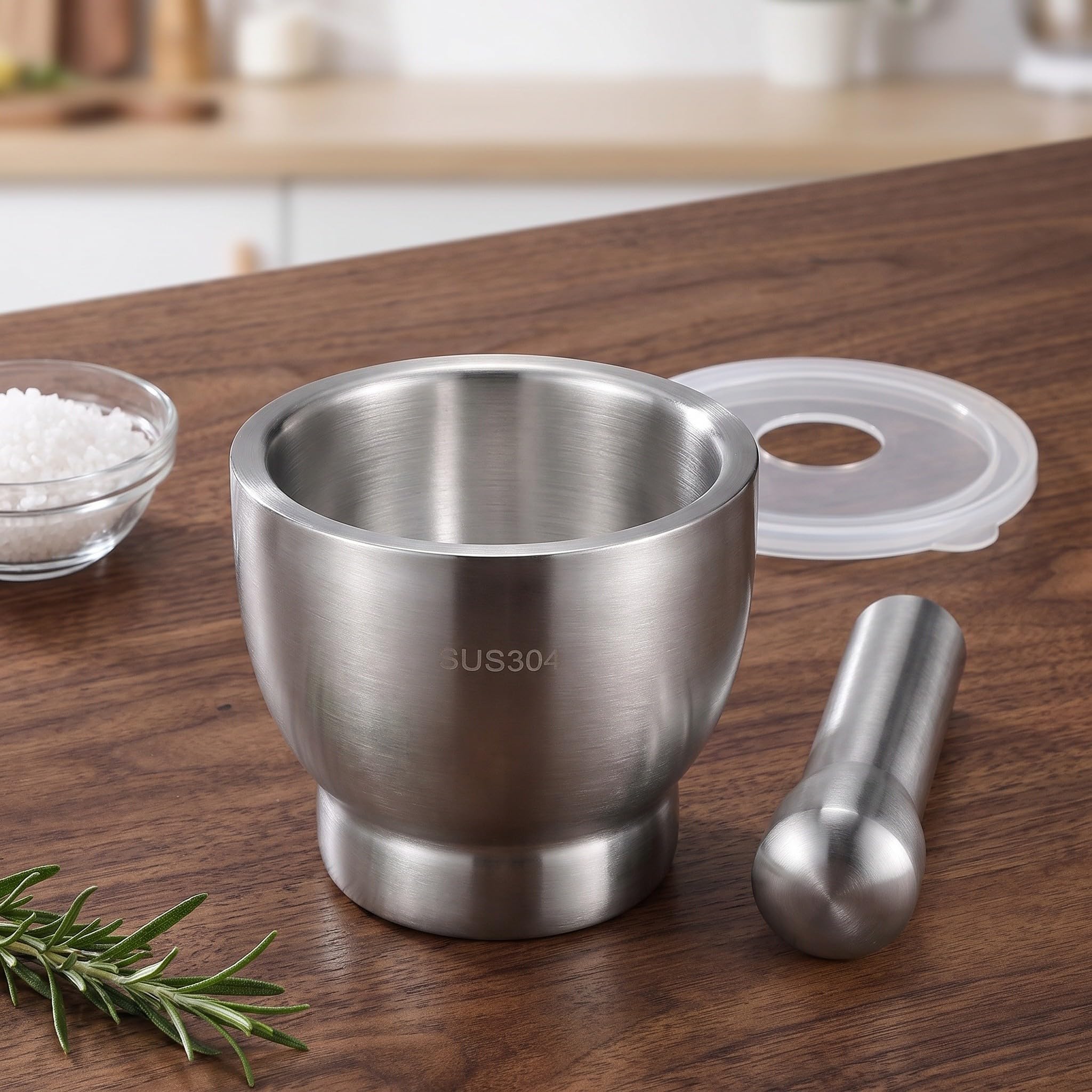 ibasenice 1 Set Mörser und Stößel, 1,8 kg Gewürzmühle aus Edelstahl, Molcajete-Schüssel, Mörser mit Deckel, unverzichtbares Küchenwerkzeug