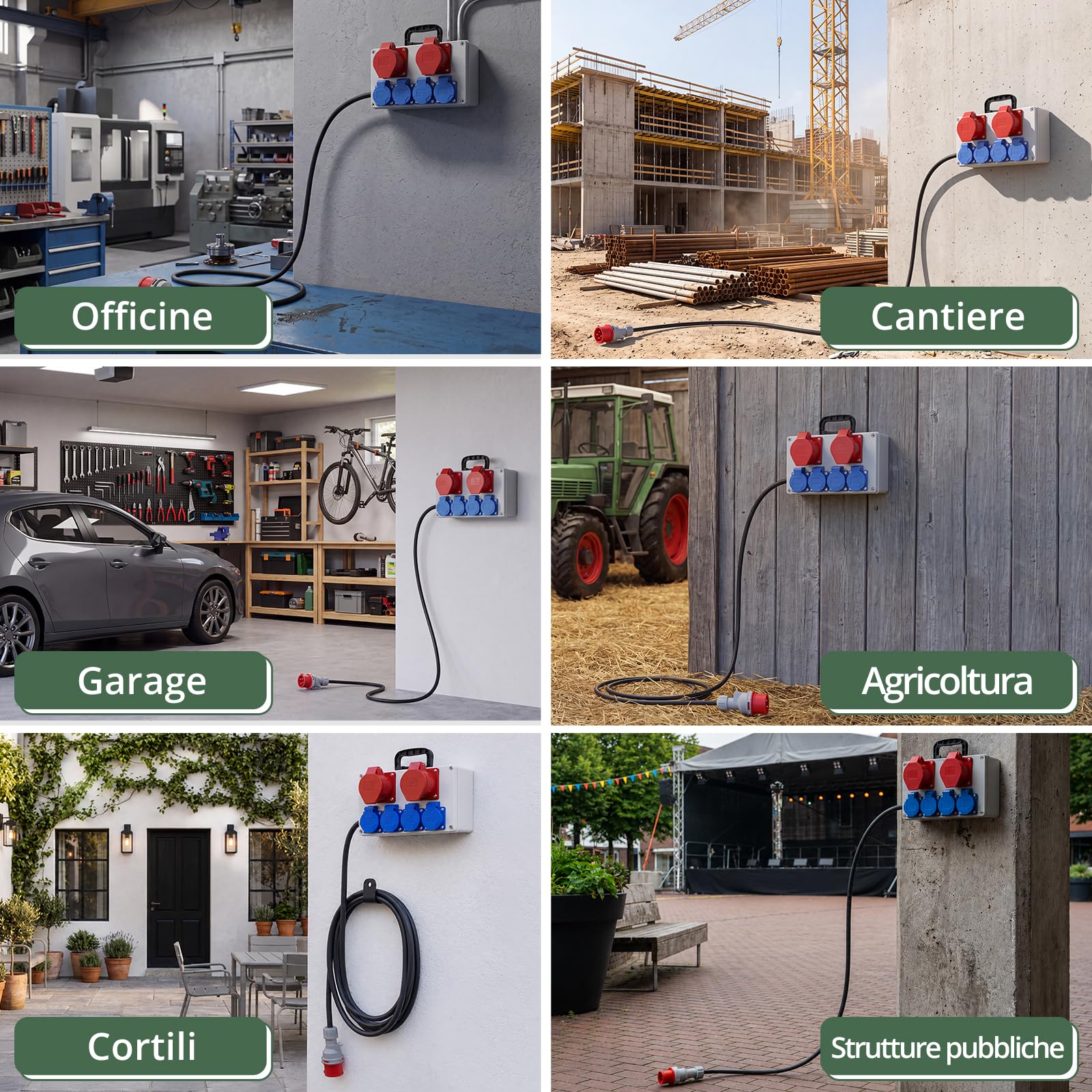 EYPINS Distributore di Corrente da Cantiere,Cavo 2M, 4 Schuko+2 CEE 16 A | Protezione FI/LS,Presa Schuko e CEE,Quadro Elettrico Esterno da Parete,Impermeabile IP66,per Giardino,Garage,Officina,Cortile