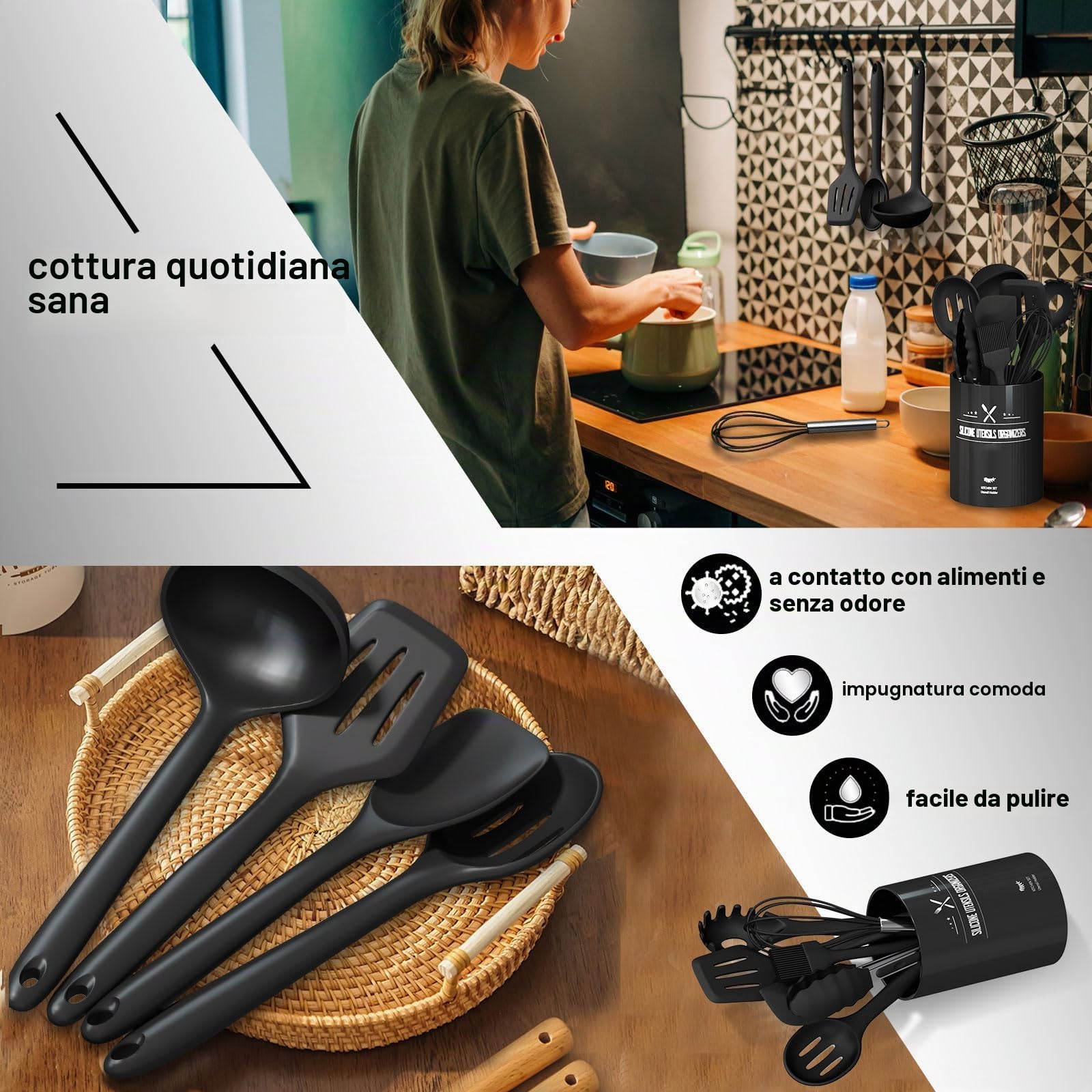 Terlulu Set di utensili da cucina in silicone, 12 pezzi, colore nero, antiaderenti, lavabili in lavastoviglie