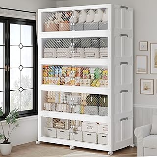 1200QT Plastic Stackable Storage Bins with Lid, 300GAL Extra Large Collapsible Box with Wheels Clear Door, Foldable Closet Organizer Container Cabinet Drawer for Home Kitchen，5Pack, White