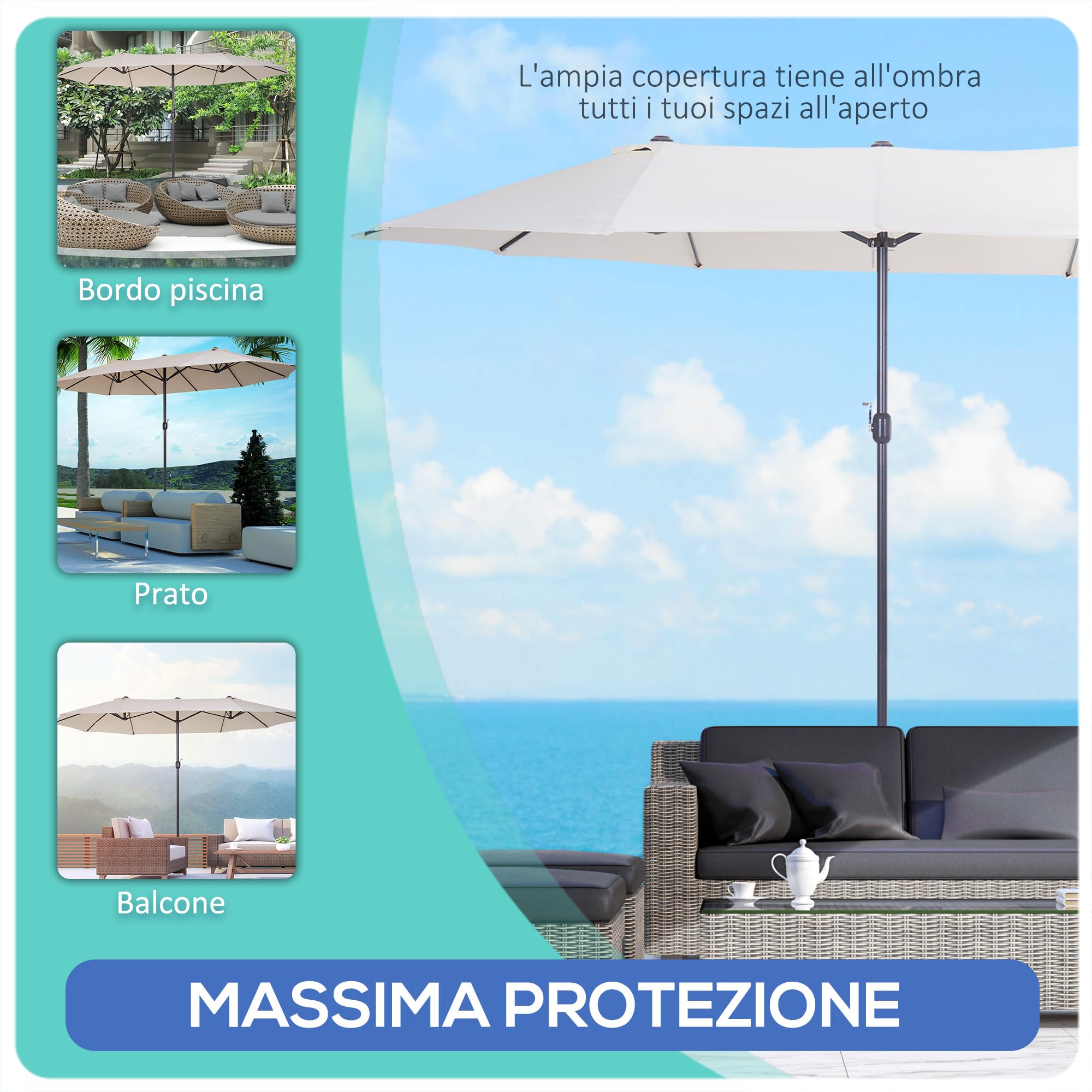 Outsunny Ombrellone da Giardino Doppio da Giardino 4.6x2.7 m a 12 Stecche con Prese d'Aria e Manovella, Ombrellone per Esterno in Acciaio e Poliestere, Anti UV, per Balcone e Terrazza