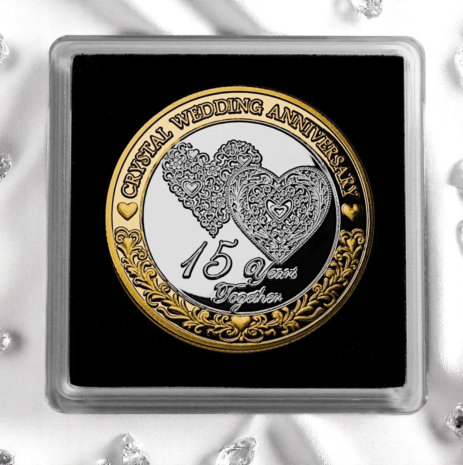 The Commemorative Coin Company 15th Crystal Wedding Anniversary Dual Metal Commemorative in Gift Case. 15 Years Together. Husband/Wife/Couple Gift/Present/Token/Love