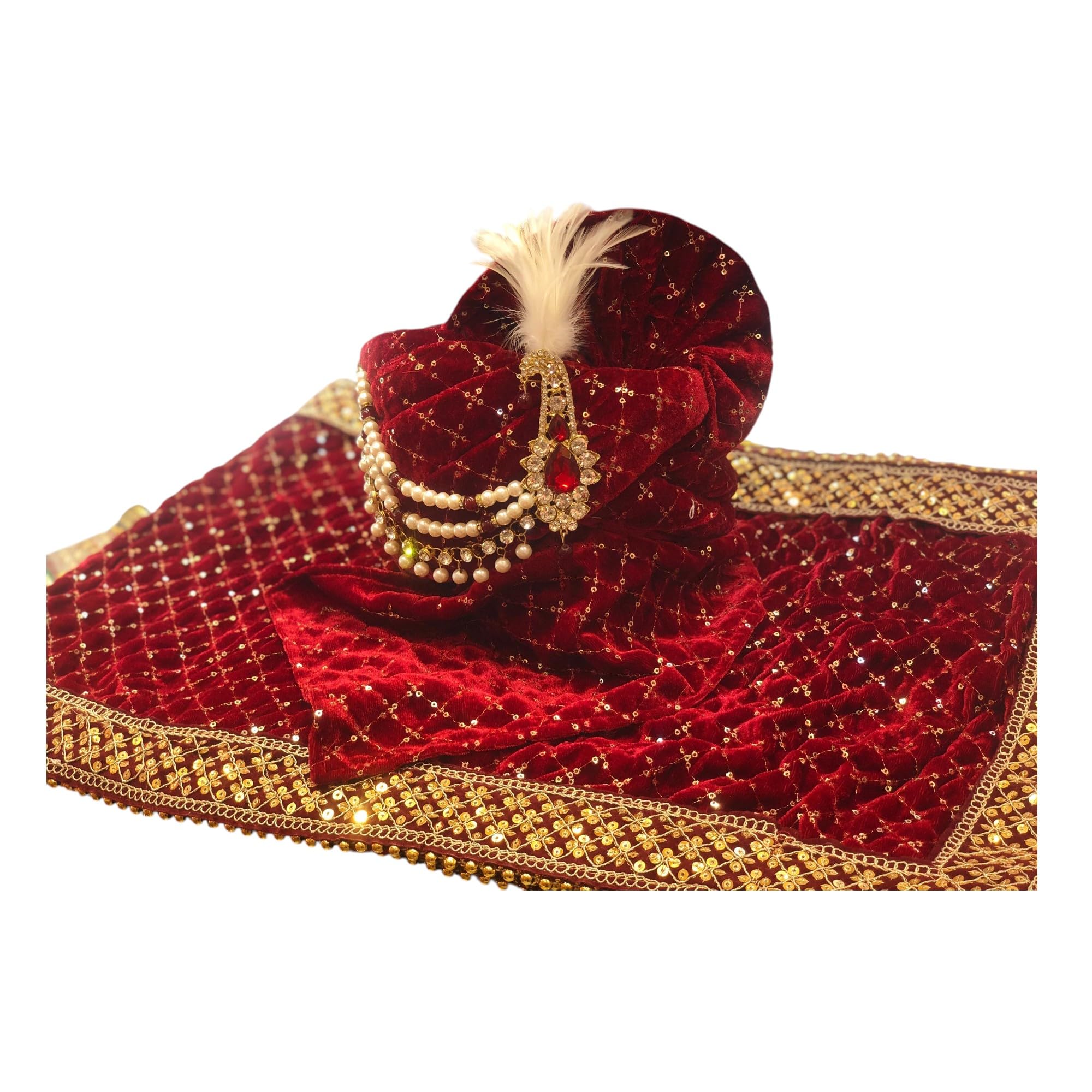 Men's Velvet Wedding Safa (22.5 Inches) with Matching Dupatta (2.75 m x 0.5 m) | Embroidered Brocade Pagdi Set for Groom | Traditional Baraat Turban | Royal Ethnic Headwear for Ceremonies-image-13
