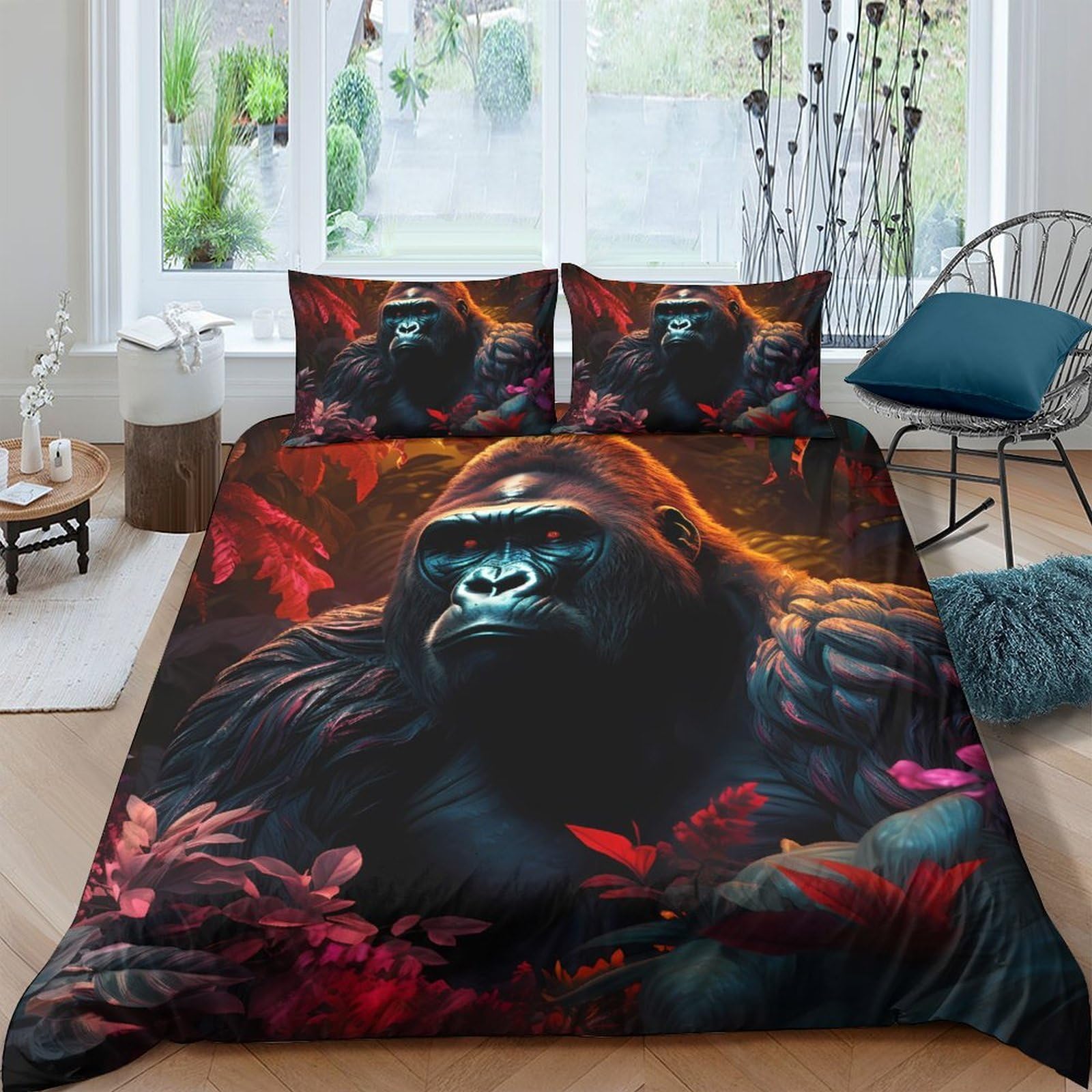 Ctjqhvkz Style-3 3D Printed Gorilla Jungle Fitted Sheet Microfiber Soft Black Red Artistic Mattress Cover For Bedroom Dorm Decor Single（135X200cm）