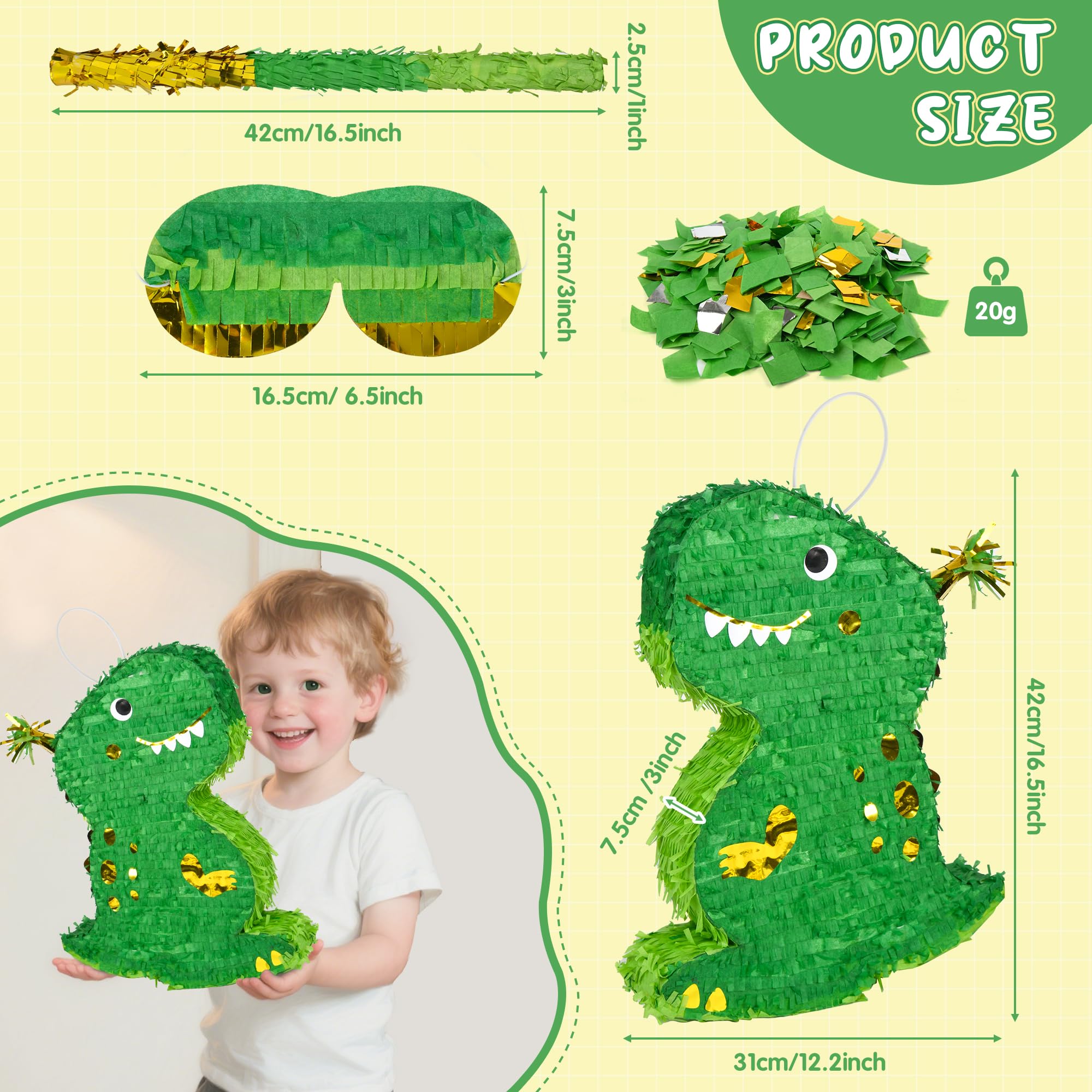 Paquete de piñata de dinosaurio pequeño con venda, murciélago y confeti (16.5 x 12 x 3 pulgadas), perfecto para fiestas de cumpleaños, fiestas temáticas de animales, decoraciones