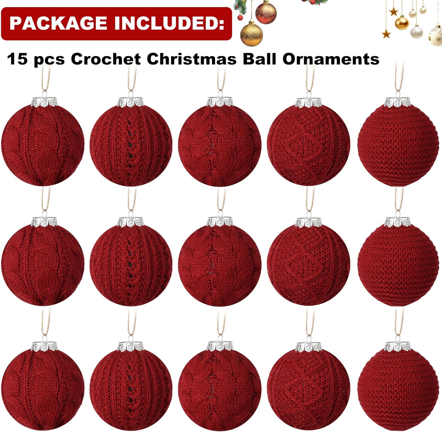 15-Pack Neutral Christmas Ornaments Crochet Christmas Balls - Handmade Style Yarn Ornaments,3.15 inch Knitted Cotton Baubles for Rustic Farmhouse Holiday Xmas Gift Decor (Red)