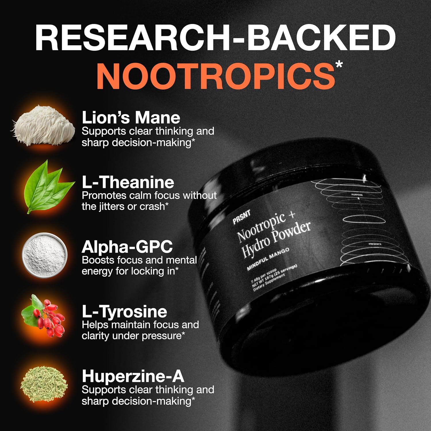 PRSNT Nootropic Focus Powder | Mango 25 Servings | Caffeine-Free, Sugar-Free | Supports Focus, Energy, Mental Clarity | Nootropic + Electrolytes Hydration Focus Drink Mix - Image 3