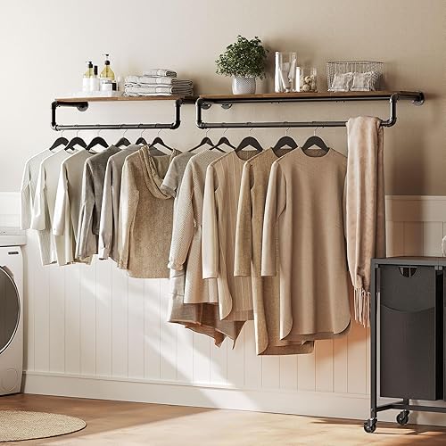 Miniatura 3 de Perchero para ropa de tubería, 31.5 pulgadas montado en la pared con estante superior, perchero industrial con barra para colgar, resistente