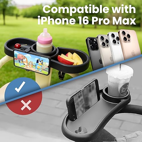 Miniatura 4 de Bandeja universal para cochecito con portavasos y soporte para teléfono, compatible con iPhone 16 Pro Max, rotación de 360, fácil instalación sin