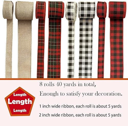 Miniatura 9 de 8 rollos de cintas de Navidad con borde de alambre de 40 yardas, cinta de Navidad perfecta para decoración de envolver regalos, arcos florales de