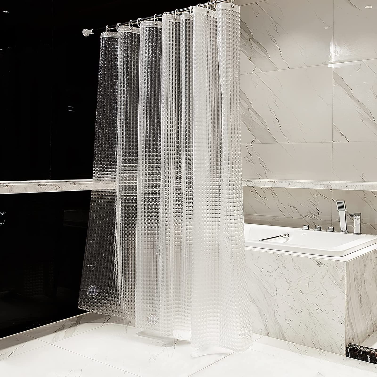 Rideau de douche transparent 180 x 180 cm, imperméable, motif gaufré, 12 crochets inclus, décoration de salle de bain élégante, facile à nettoyer et élégant