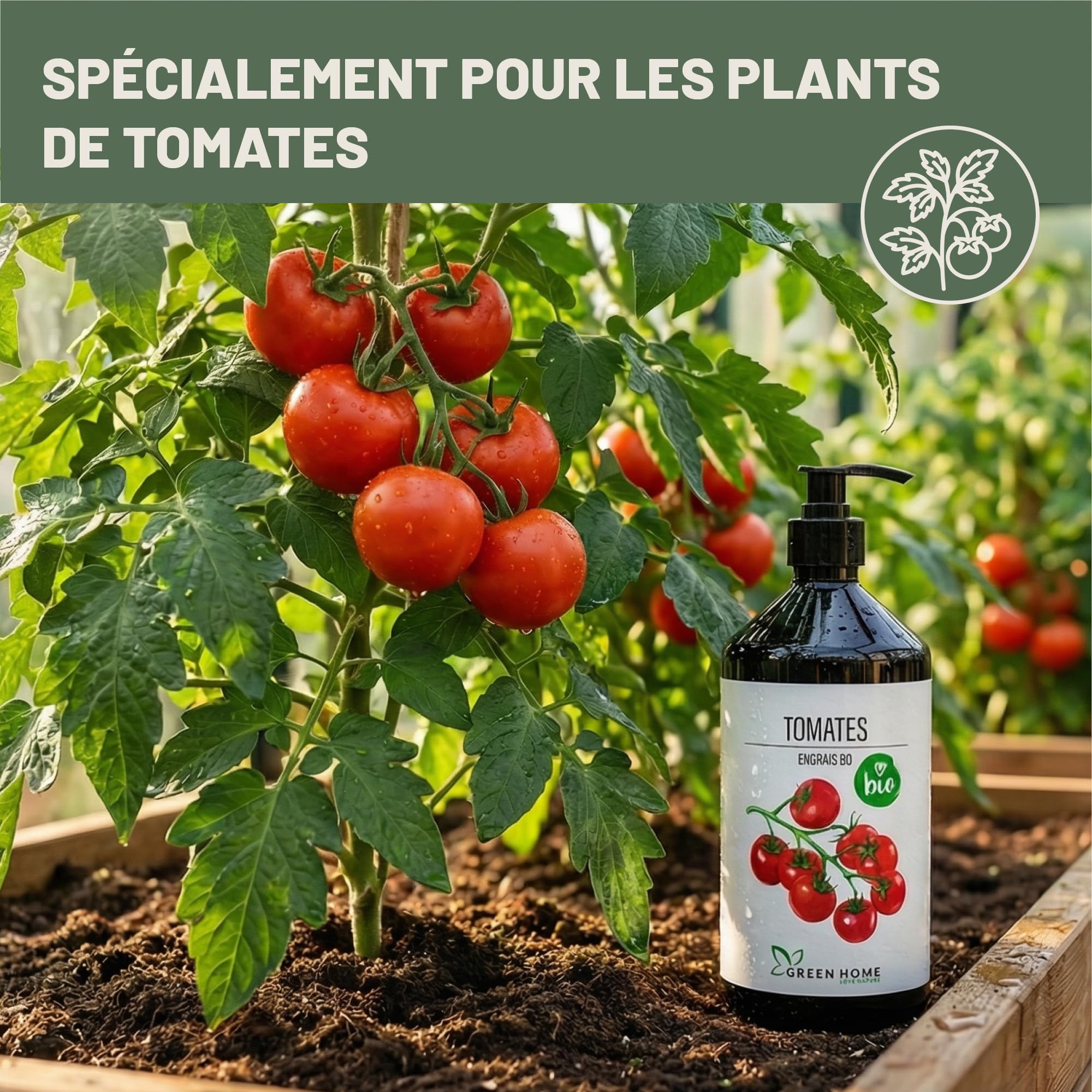 Green Home Engrais BIO Tomates 1 L avec pompe doseuse – Engrais tomates liquide NPK 3-2-6 riche en potassium et calcium – Pour potager, bac et serre