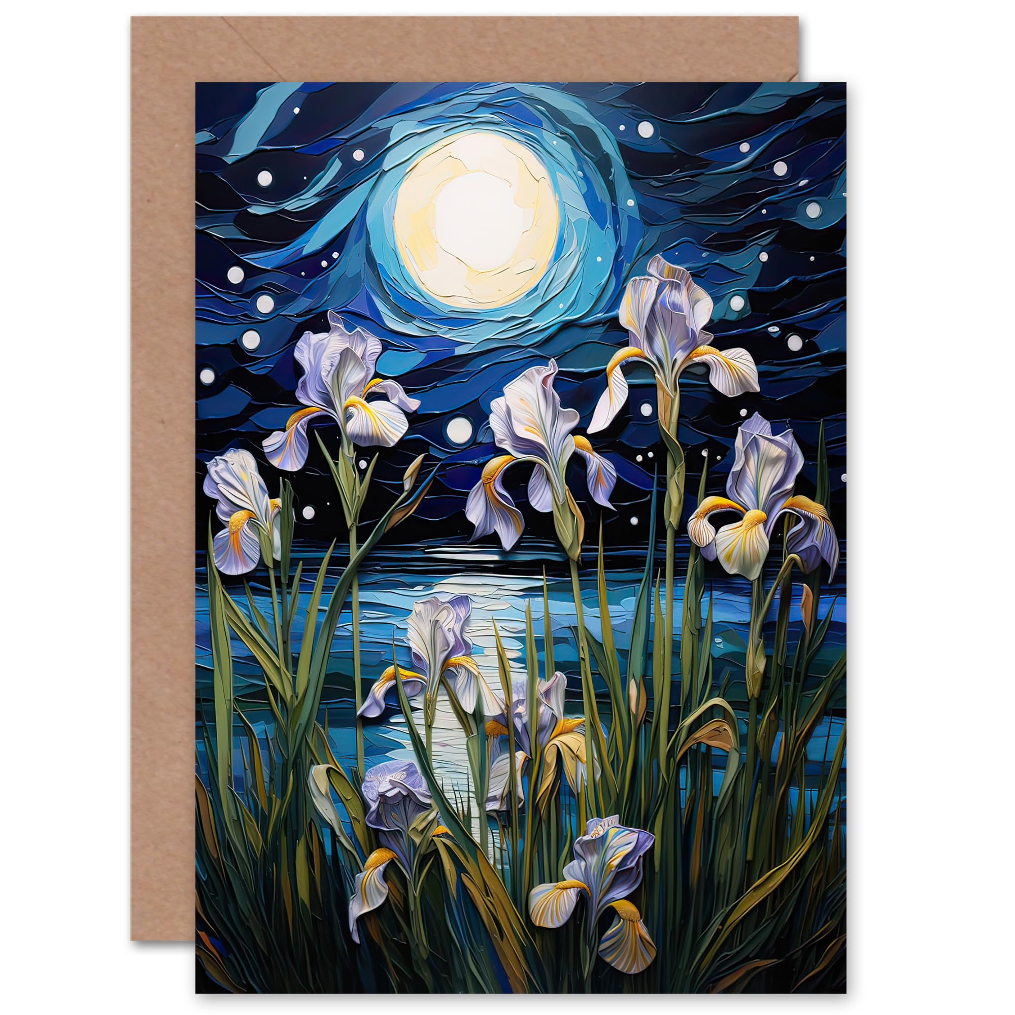 Artery8 Iris by the Moonlit Sea Flowers Ocean Full Moon for Wife Her Mum Sister Daughter Mom Gran Nan Birthday Thinking of You Get Well Soon Blank Art Greeting Card