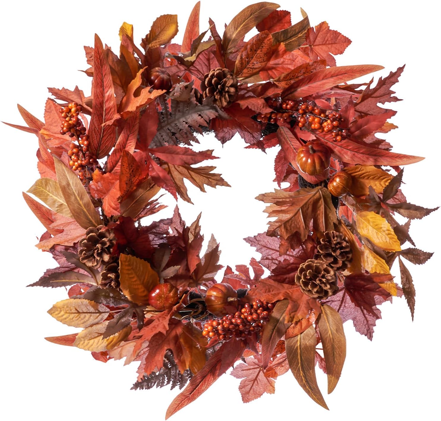 DN DECONATION 24 Inch Fall Wreaths for Front Door, Autumn Farmhouse Wreaths with Orange Pumpkins, Leaves, Pinecones & Berries for Indoor Outdoor Porch Home Wall Thanksgiving Harvest Festival Decor Red & Brown