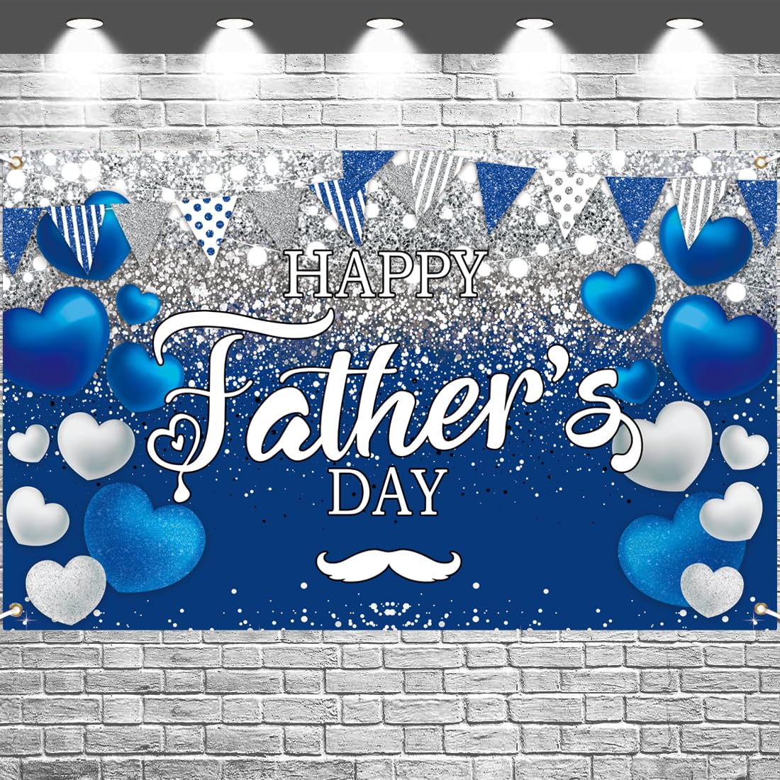 FHGG Happy Father's Day Backdrop Banner Decoration I Love Dad Blue Sliver Glitter Garland Sign Background Family Photo for Thank You Daddy Festival