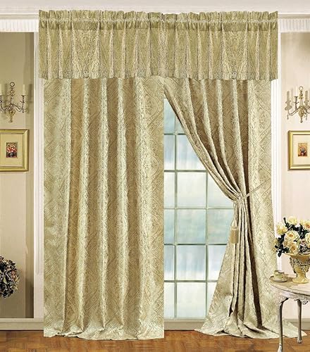KingLinen Lujoso juego de edredón jacquard imperial dorado sedoso de 9 piezas (patrón clásico regal) (cortina de ventana)