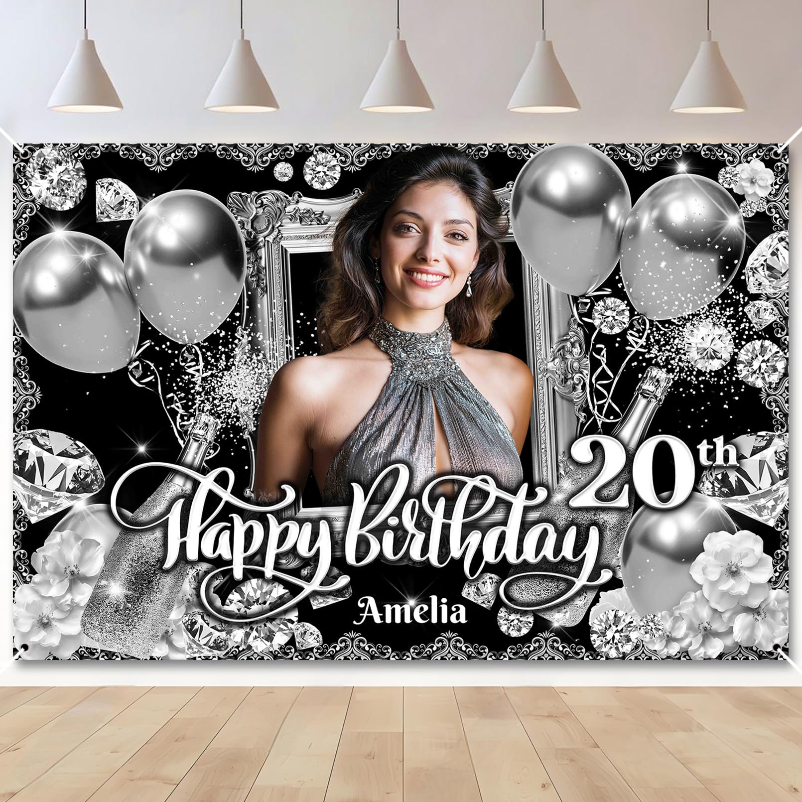 Custom Black Silver Birthday Banner Add Photo Name Age Party Banner Decor — image 1