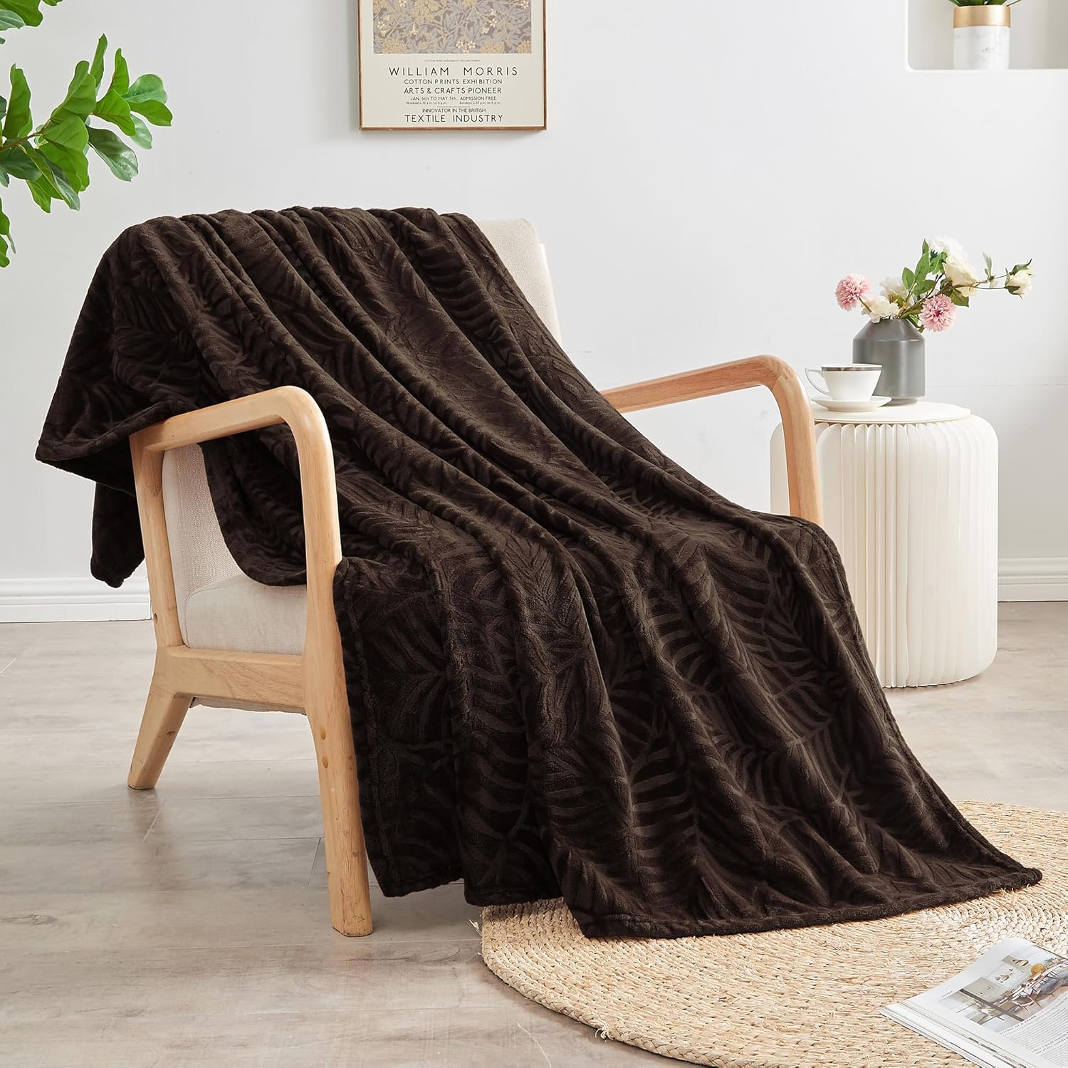 SOCHOW Super Soft Flannel Fleece Throw Blanket, Lightweight Cozy Warm Leaves Textured Plush Blanket for Bed Couch Sofa, 60 x 80 Inches, Brown