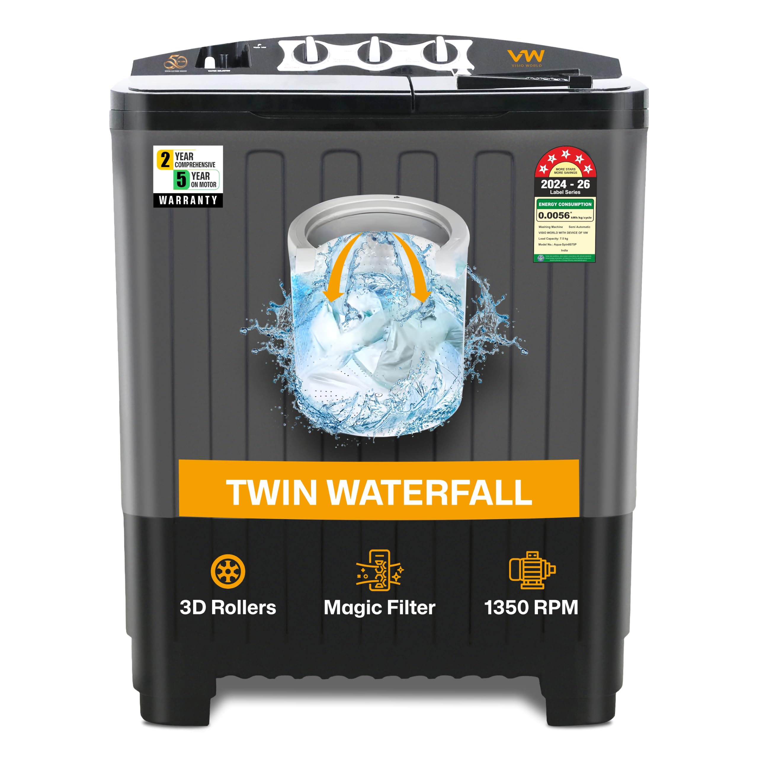 VW 7.5 kg 5 Star Aqua Spin Semi Automatic Top Load Washing Machine AquaSpin0075P (Black)-image-48