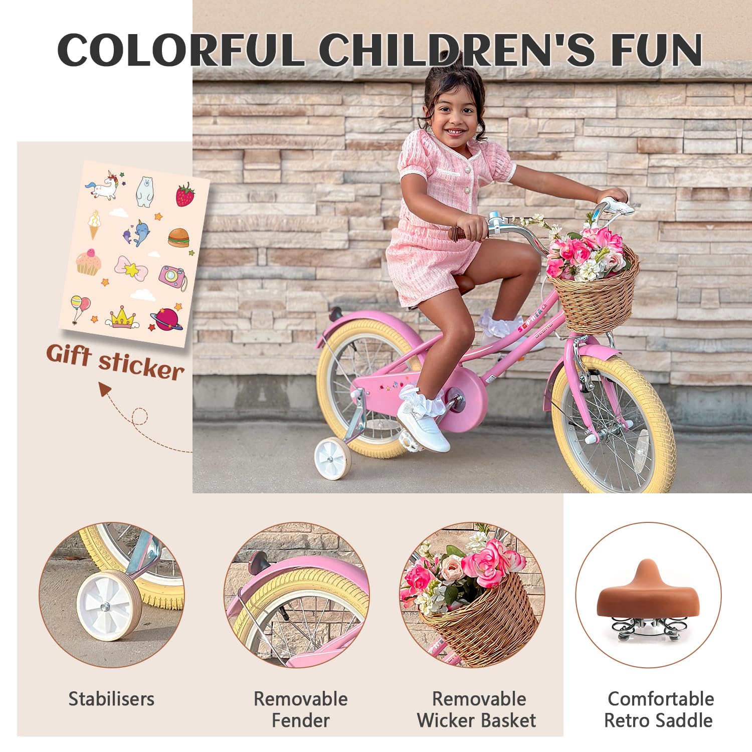 Glerc Bicicleta de niña con Cesta para niños de 3 a 10 años, 12 14 16 20 Pulgadas con Timbre de Cesta y estabilizadores, tamaños — view 5