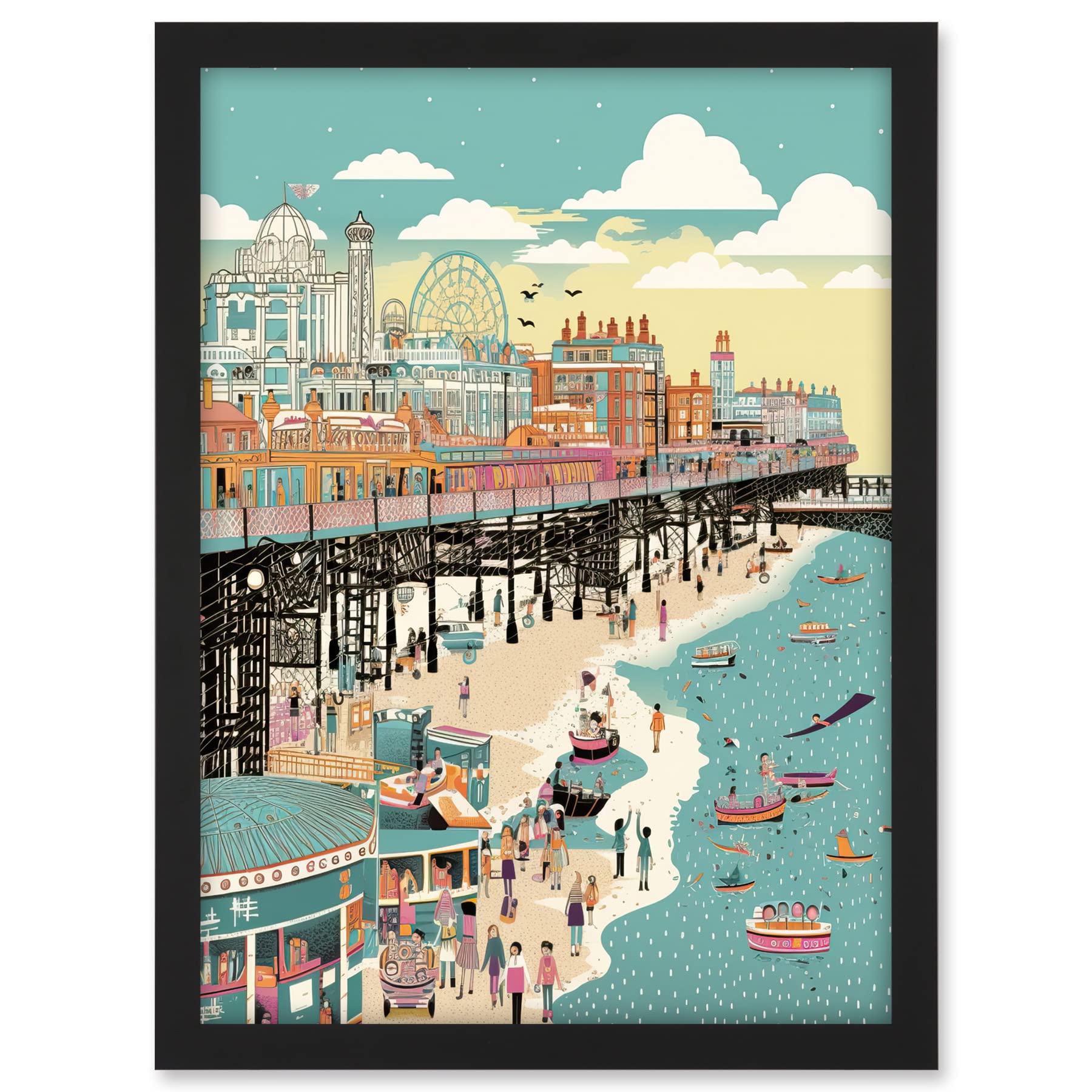 Artery8 Brighton Beach Pier and Sandy Summer Scene Artwork Framed A3 Wall Art Print, Framed Black A3, 45.5L x 33W cm