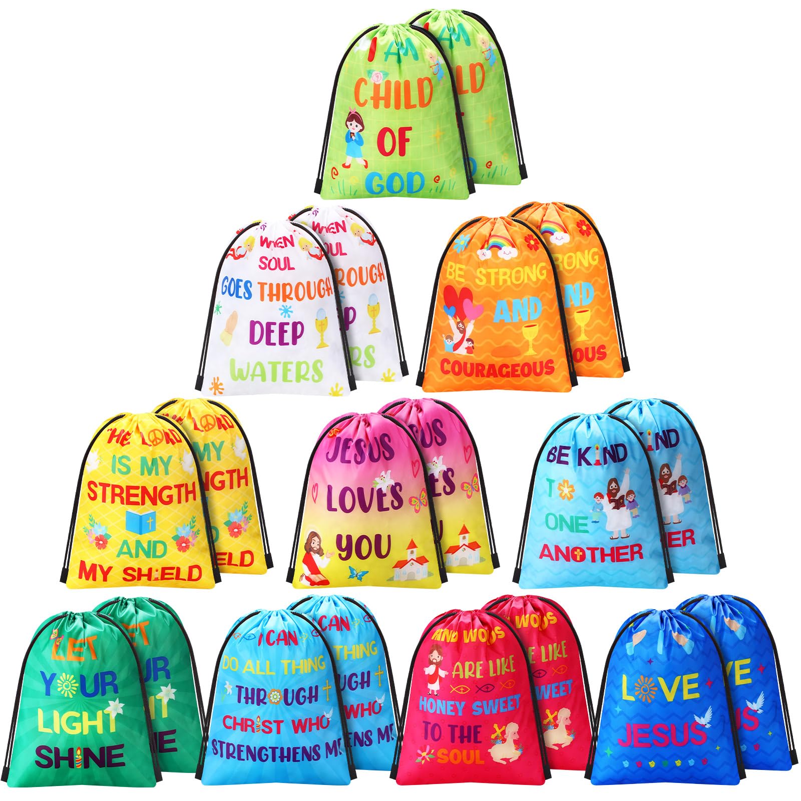 Frienda 20 Pieces Religious Gift Bags Christian Drawstring Backpacks Jesus Treat String Bags Bulk God Bless Baggies for Sunday School Birthday Baby