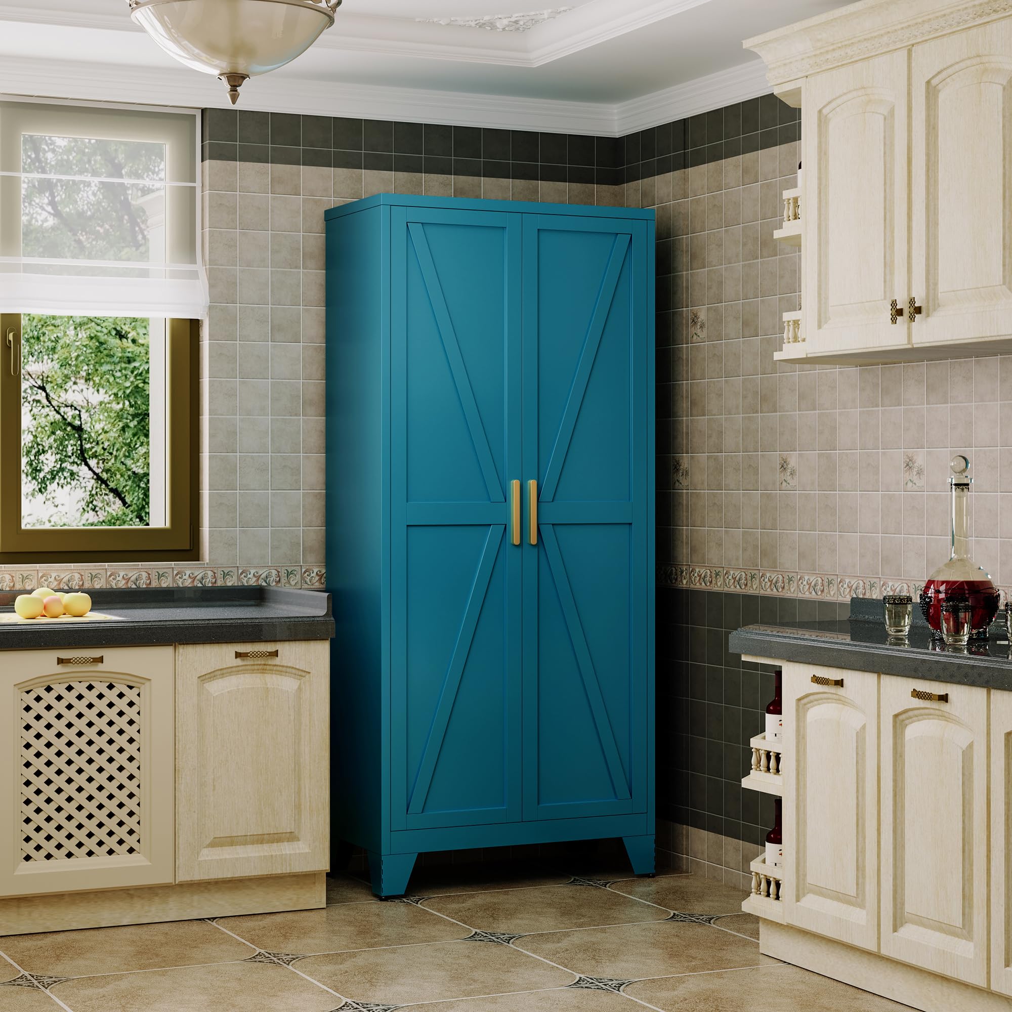 QINPTWUT 71" Storage Cabinet with Doors and Shelves, Tall Pantry Cabinet in Blue with 2 Doors & 4 Adjustable Shelves, All-Steel Farmhouse Cupboard for