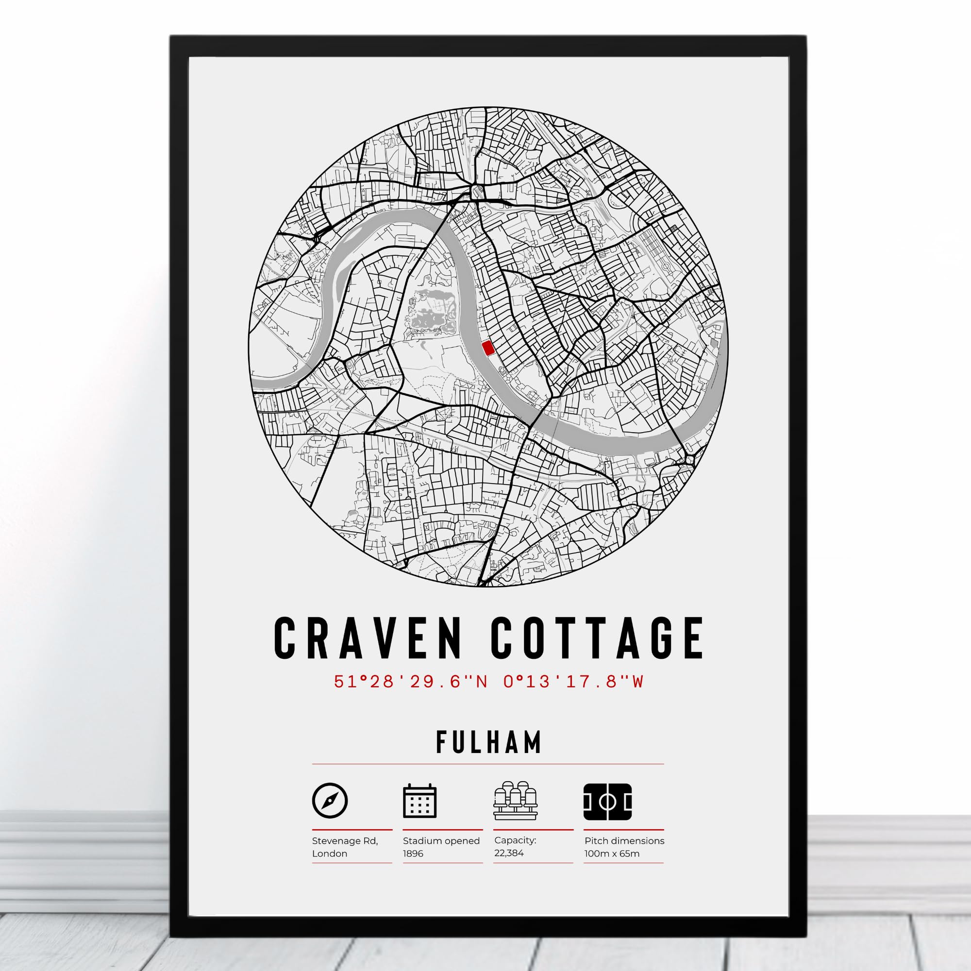 Fulham Craven Cottage Stadium Map | Framed & Print Only Available | Minimalist Gift FC Football Fan Poster Art Artwork Gift For Him Memorabilia | Father's Day Christmas Birthday