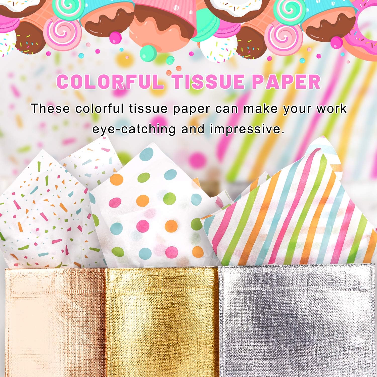 Whaline Tissue Paper Bulk Polka Dots Stripe Wrapping Paper Rainbow Art Gift Wrap Paper for Birthday DIY Party Crafts Weddings (60 Sheets, 3 Styles) (Pack of 2)