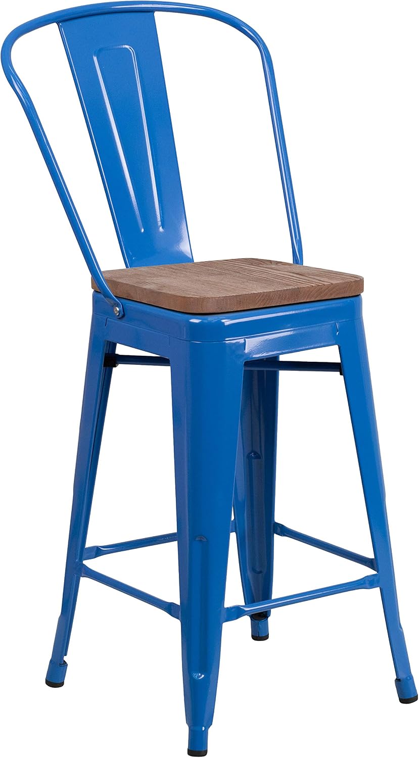 Taylor + Logan 24 Inch High Metal Counter Height Stool with Back and Wood Seat, Blue