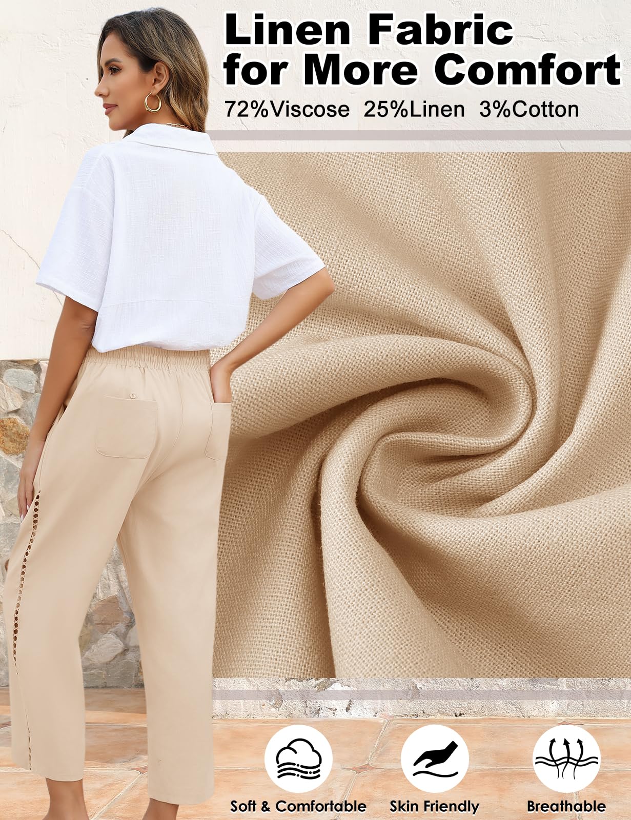 Pantalones Mujer Verano de Lino Elástico Cintura Suelta Cómodo Ligero con Bolsillos Cordón