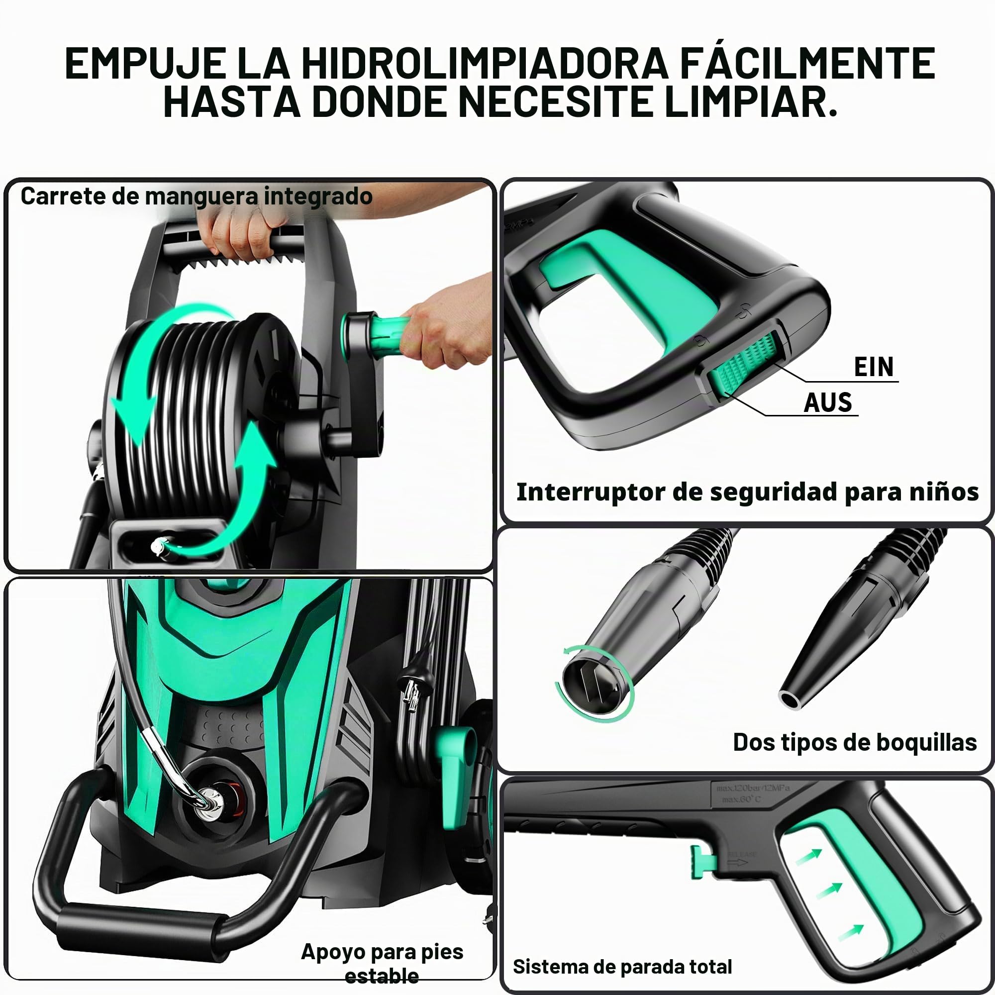 2026NEW Hidrolimpiadora de Alta Presión 180 Bar, 420 l/h, con Carrete para Manguera, Depósito de Espuma y Boquilla Ajustable 6 en 1, Rendimiento de hasta 50 m²/h, para Coche, Terraza y Jardín
