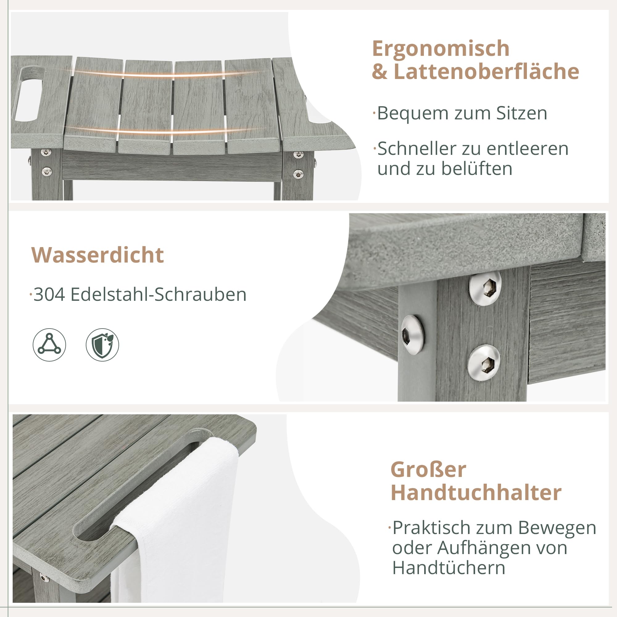LUE BONA HDPS Duschbänke, Duschhocker zum Rasieren der Beine mit Ablage, wasserdichter Badstuhlsitz für Badezimmer, wetterbeständig, rutschfest, Griffe, für den Innen- und Außenbereich, Grau